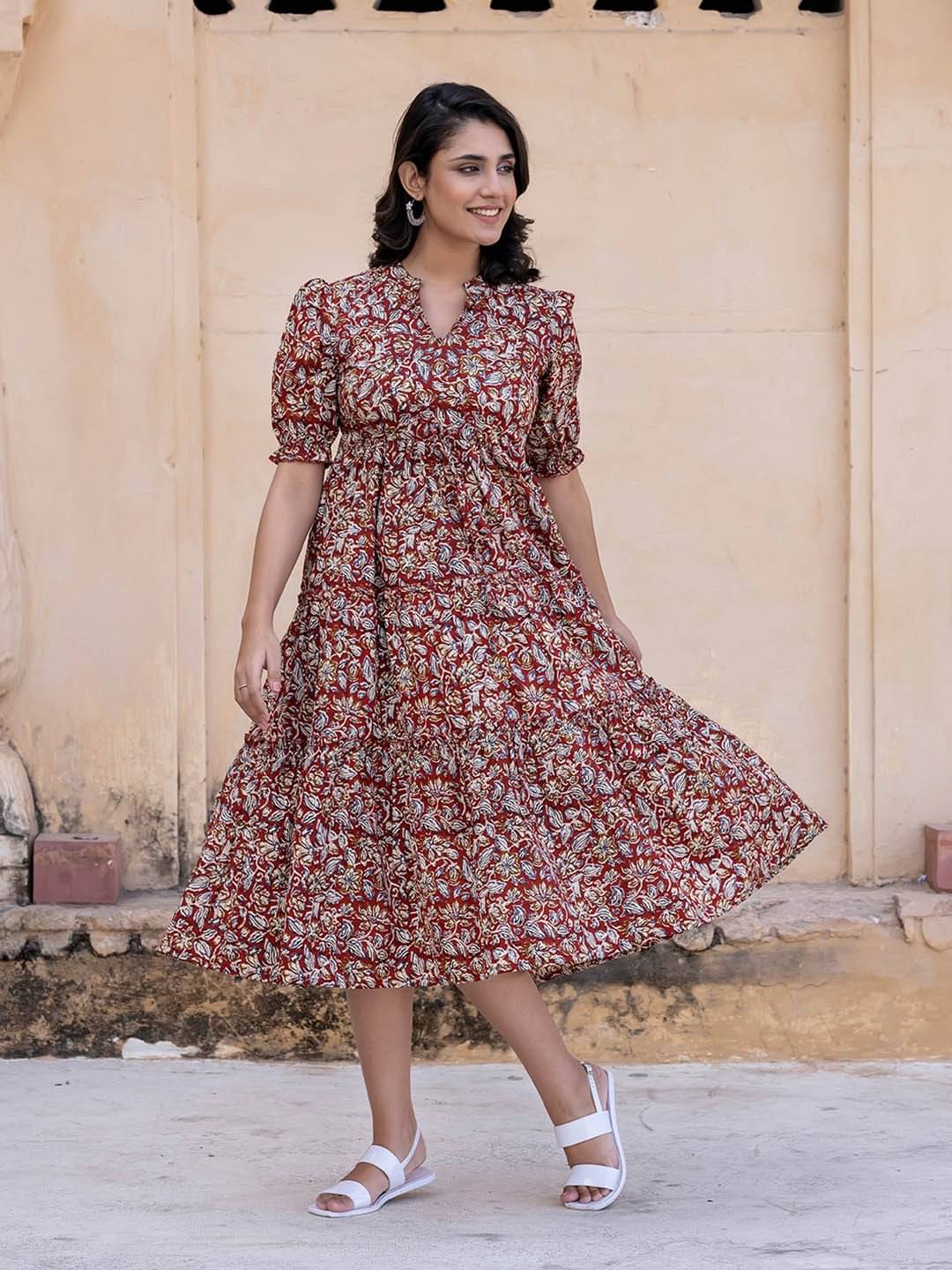 Raiyani enterprise Women Crepe Printed Fit & Flare Dress ( Brown ) Raiyani enterprise Women Crepe Printed Fit & Flare Dress ( Brown )