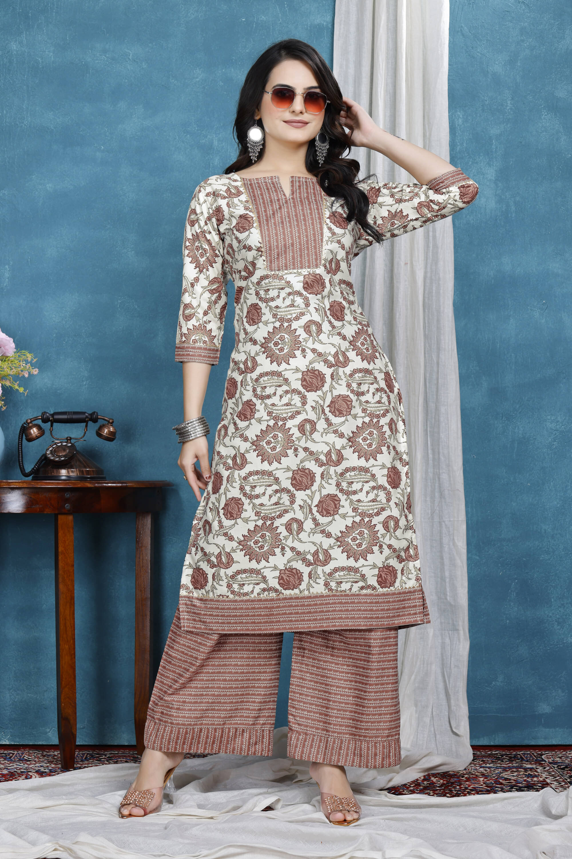     			Shcon Women Cotton Printed A-line Kurti With Sharara And Gharara ( Peach )