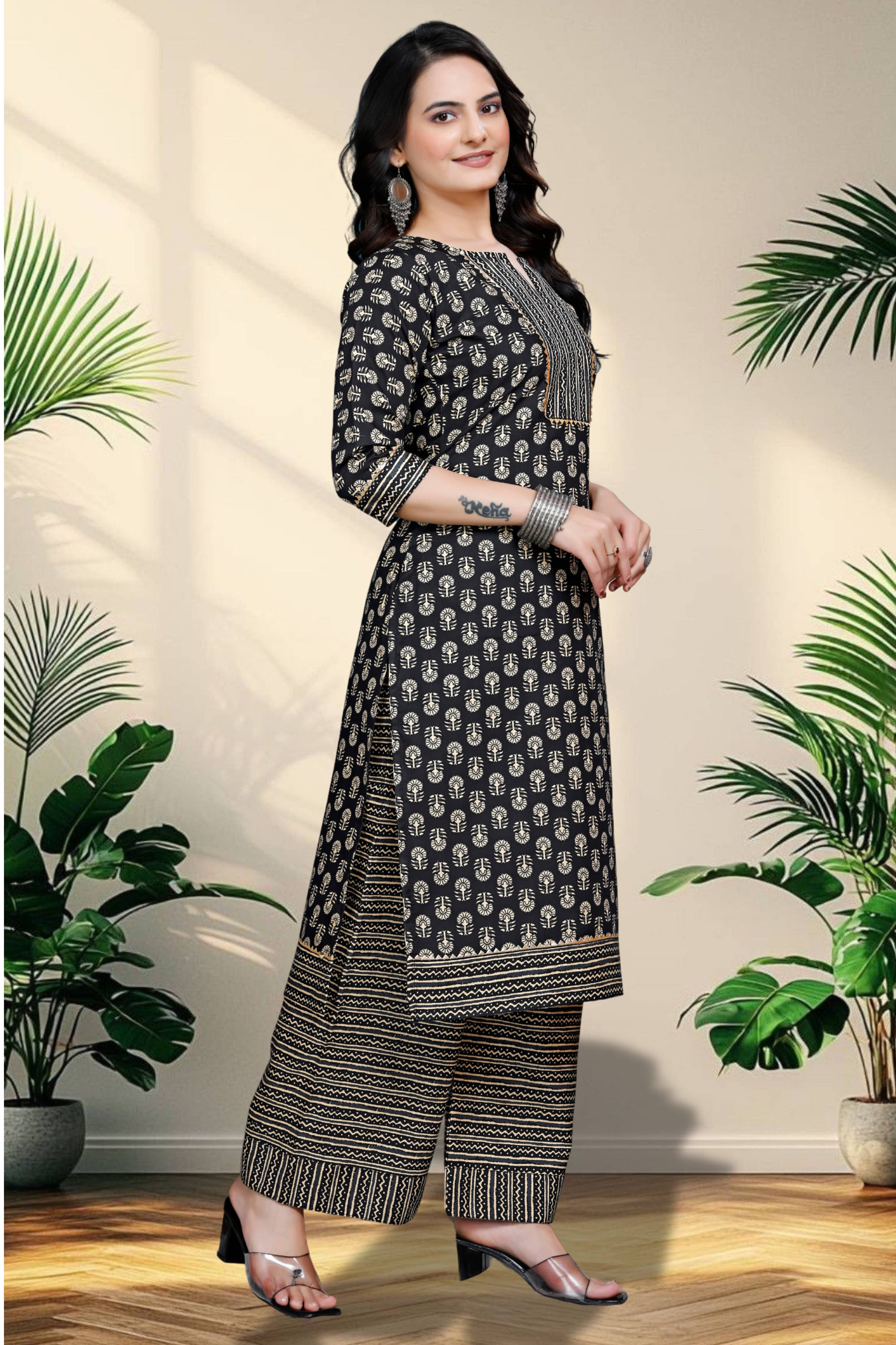     			Shcon Women Cotton Printed A-line Kurti With Sharara And Gharara ( Black )