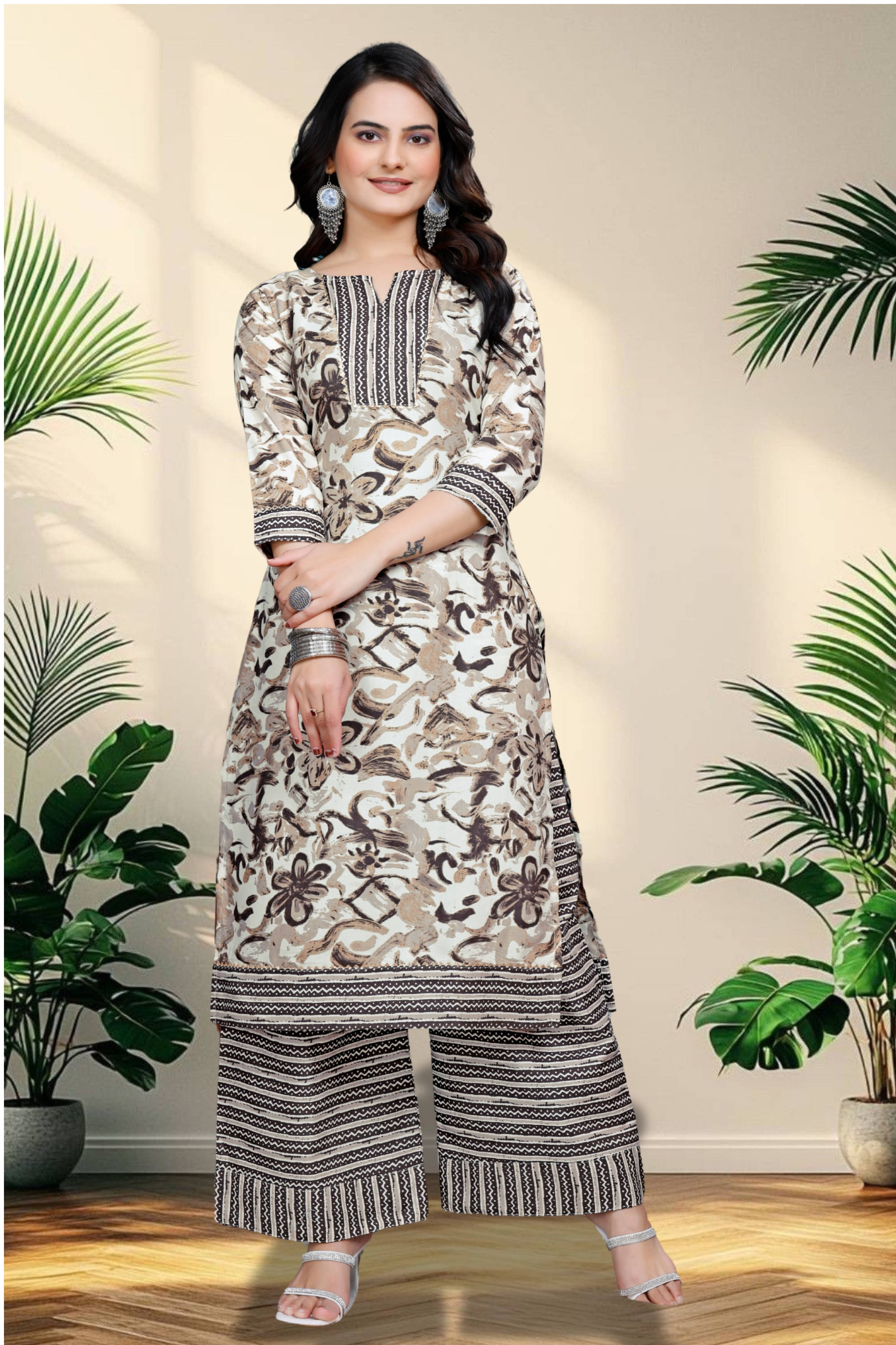     			Shcon Women Cotton Printed A-line Kurti With Sharara And Gharara ( Cream )