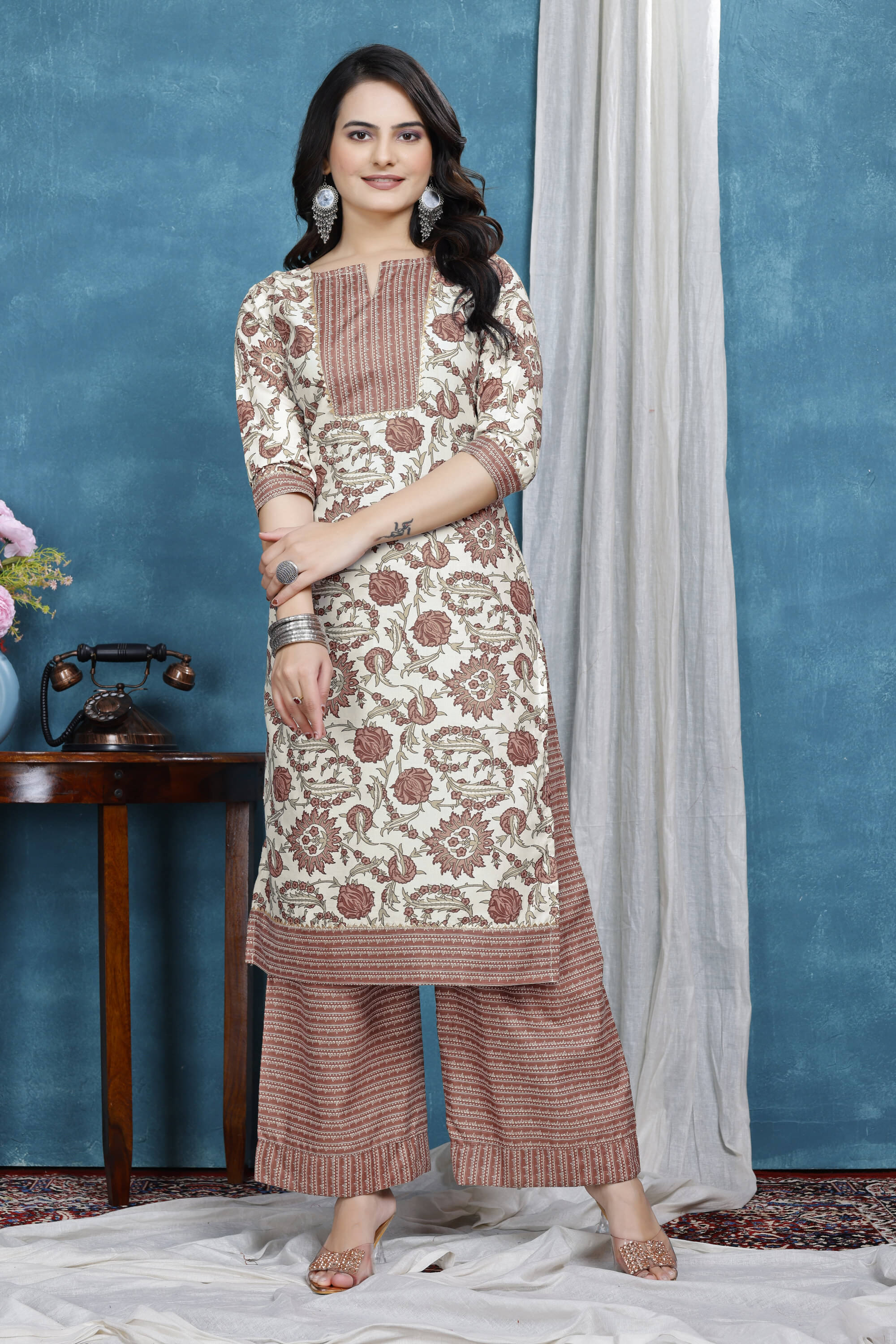     			Shcon Women Cotton Printed A-line Kurti With Sharara And Gharara ( Peach )