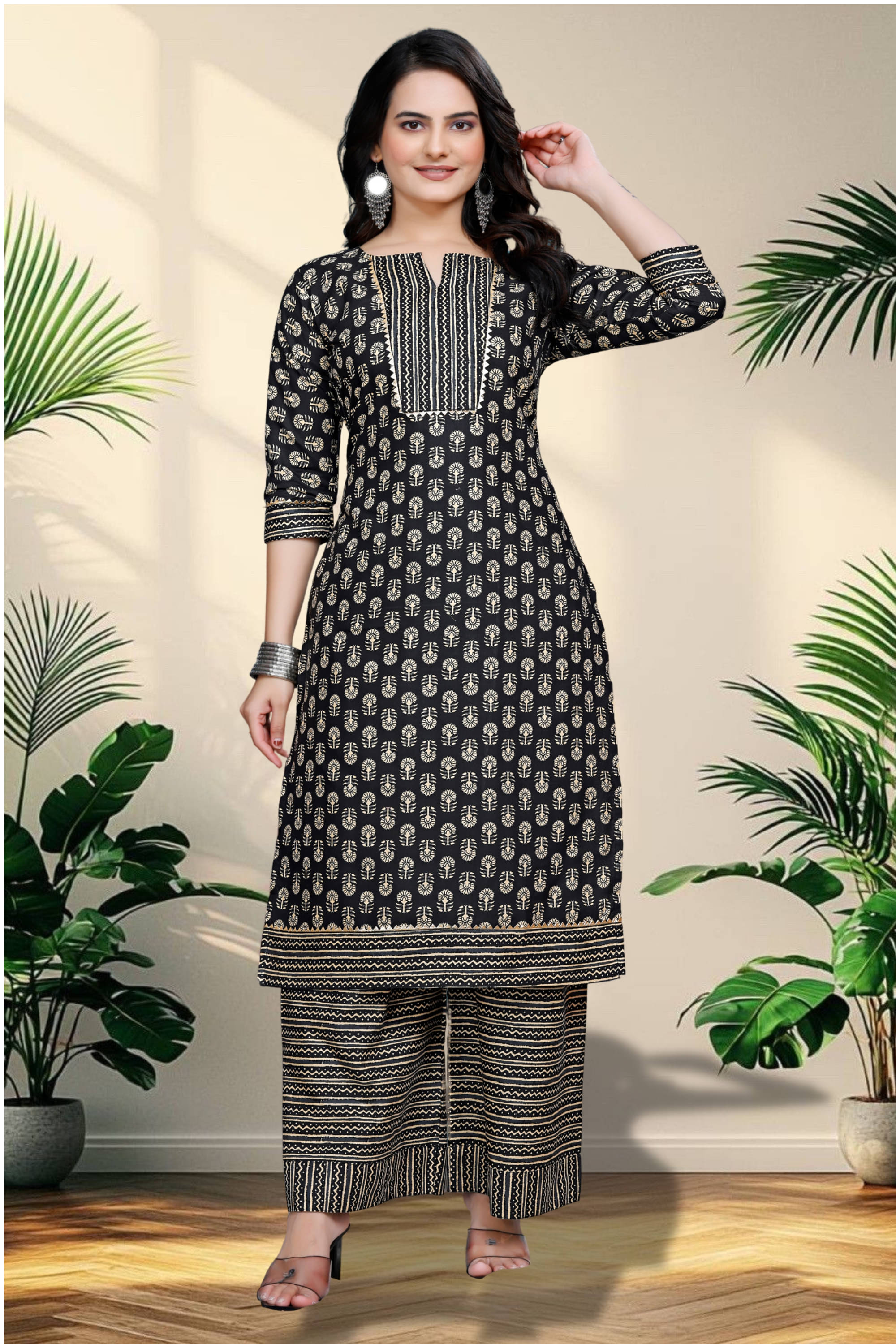     			Shcon Women Cotton Printed A-line Kurti With Sharara And Gharara ( Black )