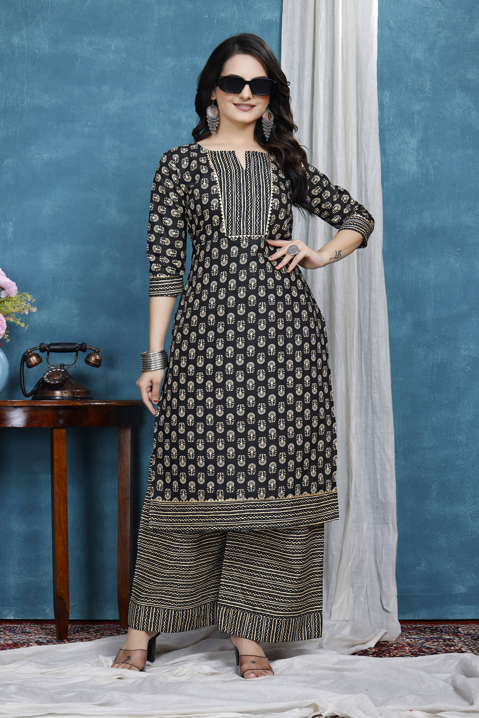    			Shcon Women Cotton Printed A-line Kurti With Sharara And Gharara ( Black )
