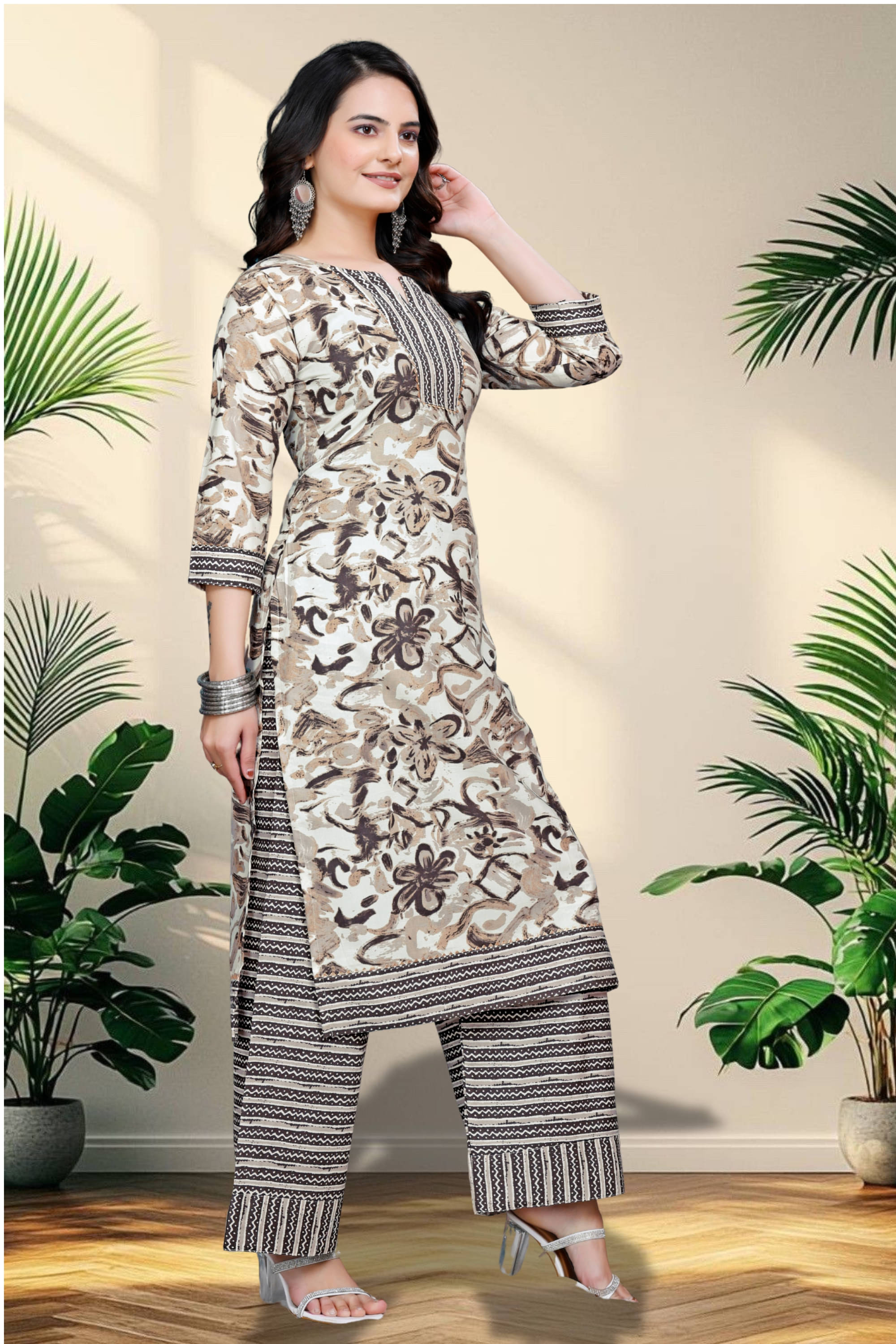 Shcon Women Cotton Printed A-line Kurti With Sharara And Gharara ( Cream )     			Shcon Women Cotton Printed A-line Kurti With Sharara And Gharara ( Cream )