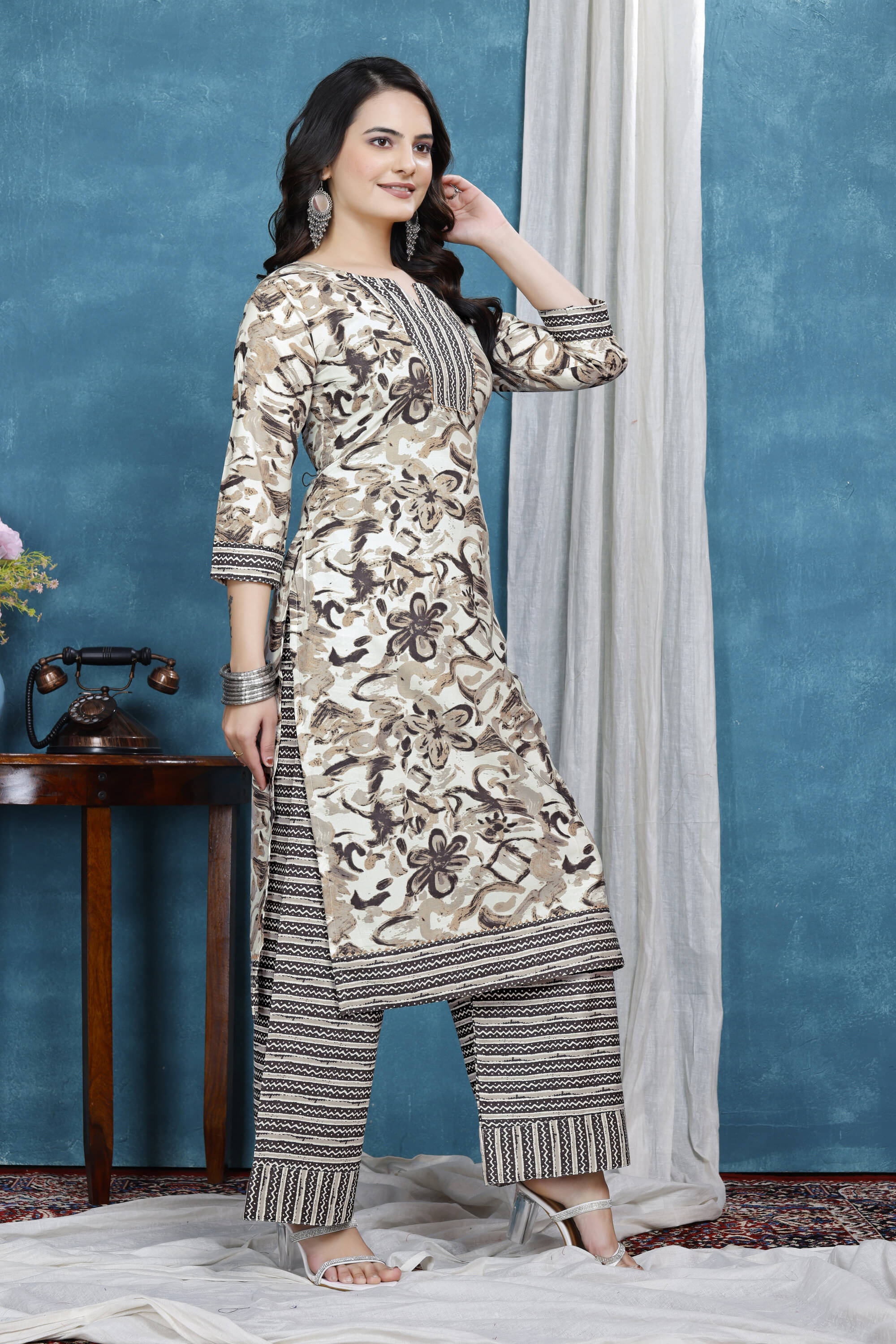     			Shcon Women Cotton Printed A-line Kurti With Sharara And Gharara ( Cream )