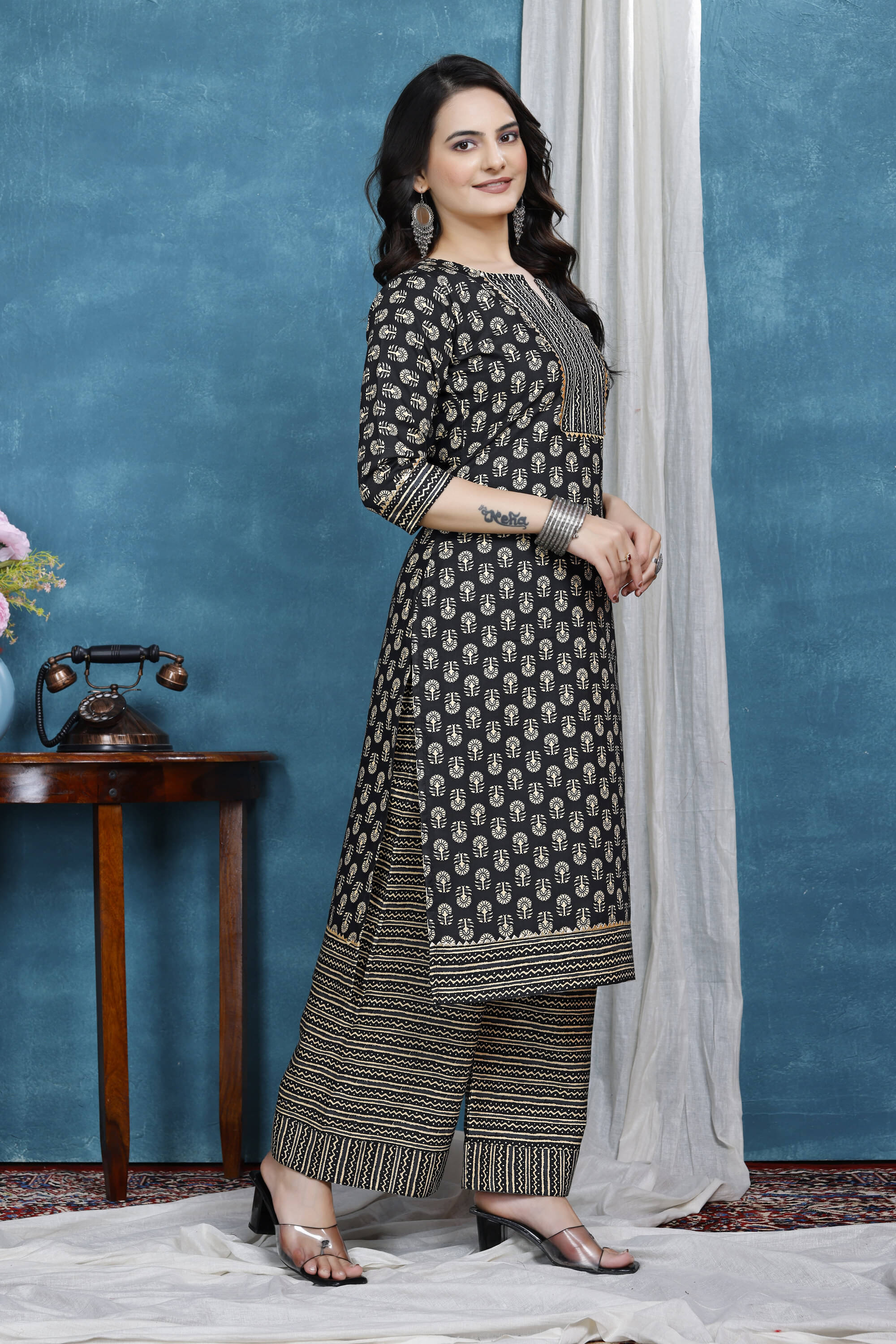     			Shcon Women Cotton Printed A-line Kurti With Sharara And Gharara ( Black )