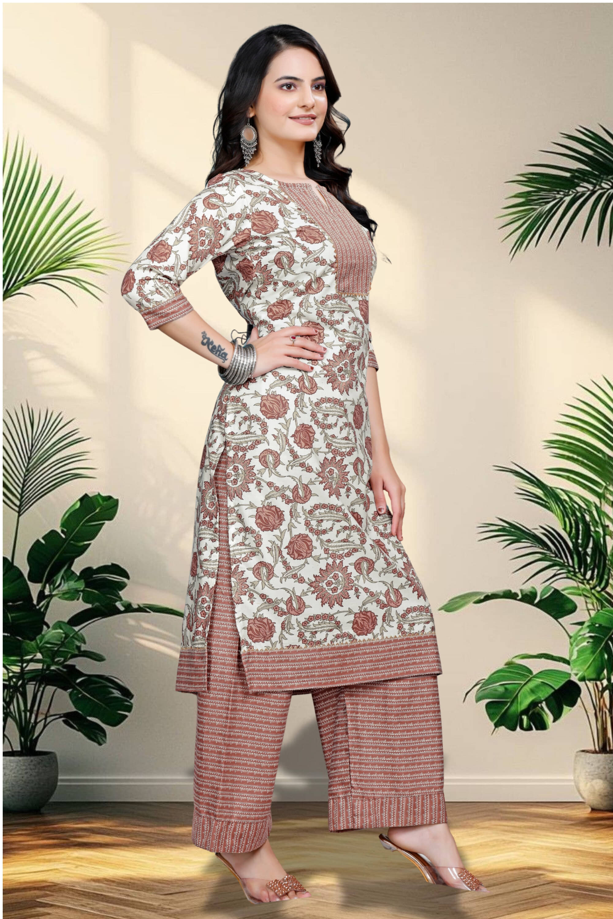     			Shcon Women Cotton Printed A-line Kurti With Sharara And Gharara ( Peach )