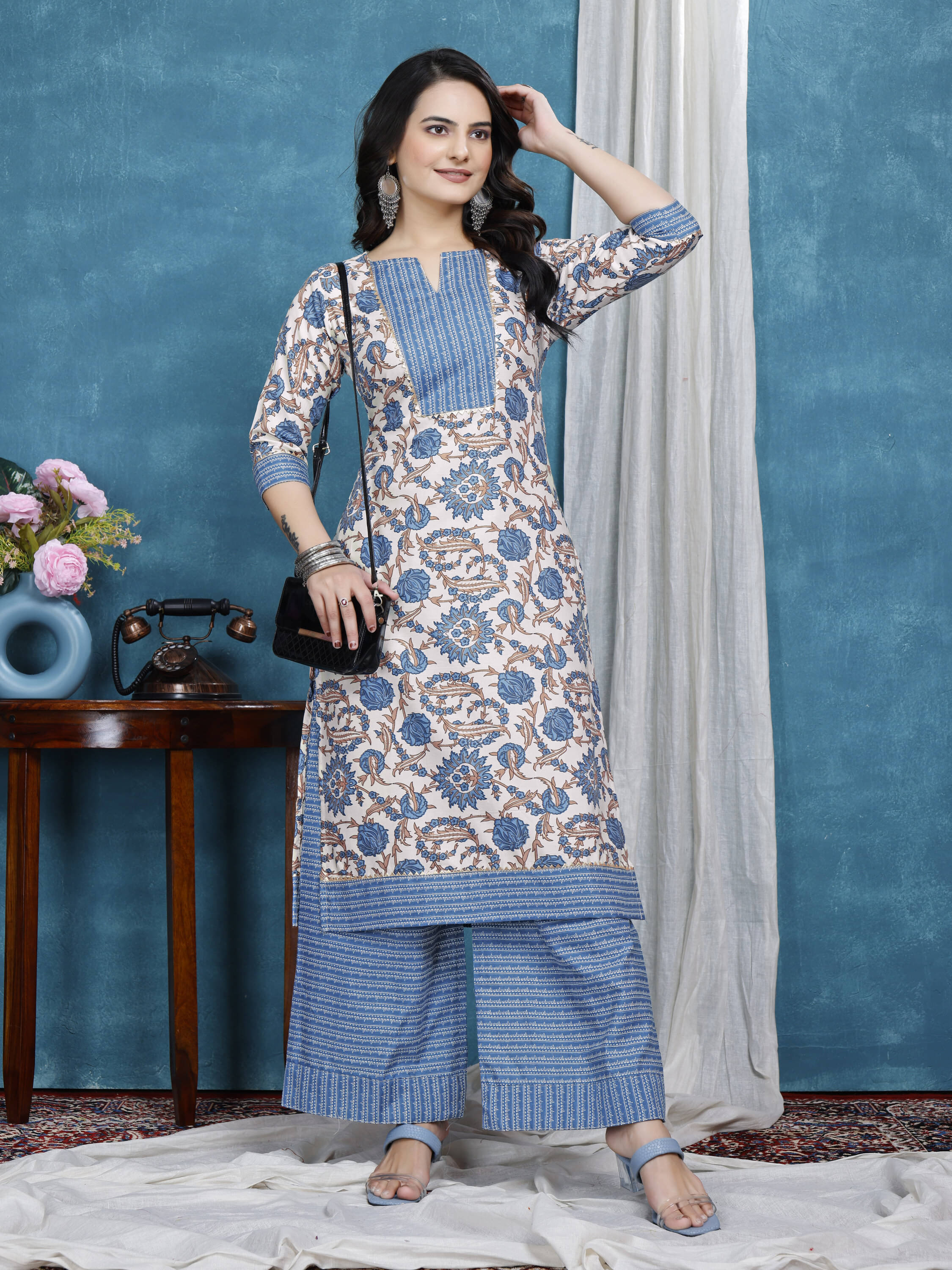     			Shcon Women Cotton Printed A-line Kurti With Sharara And Gharara ( Blue )