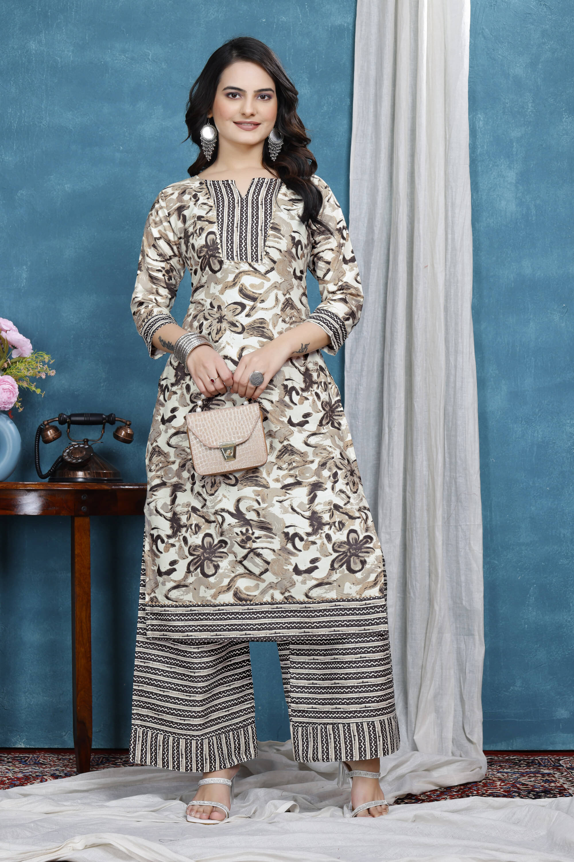     			Shcon Women Cotton Printed A-line Kurti With Sharara And Gharara ( Cream )