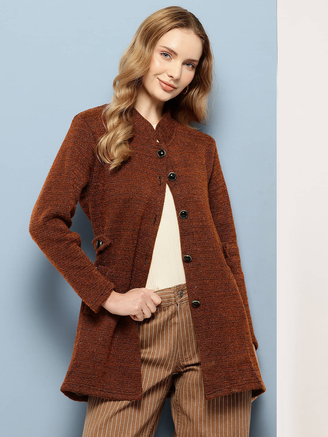     			Aarika Woollen Regular Collar Women's Buttoned Cardigans - Brown ( Pack of 1 )