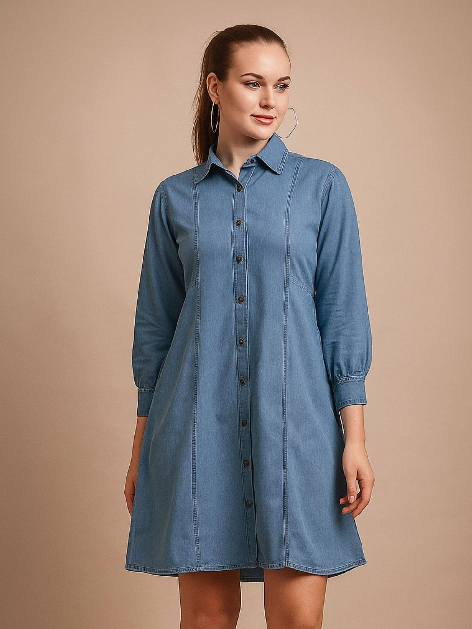 Addyvero Women Denim Solid A-line Dress ( Light Blue ) Addyvero Women Denim Solid A-line Dress ( Light Blue )