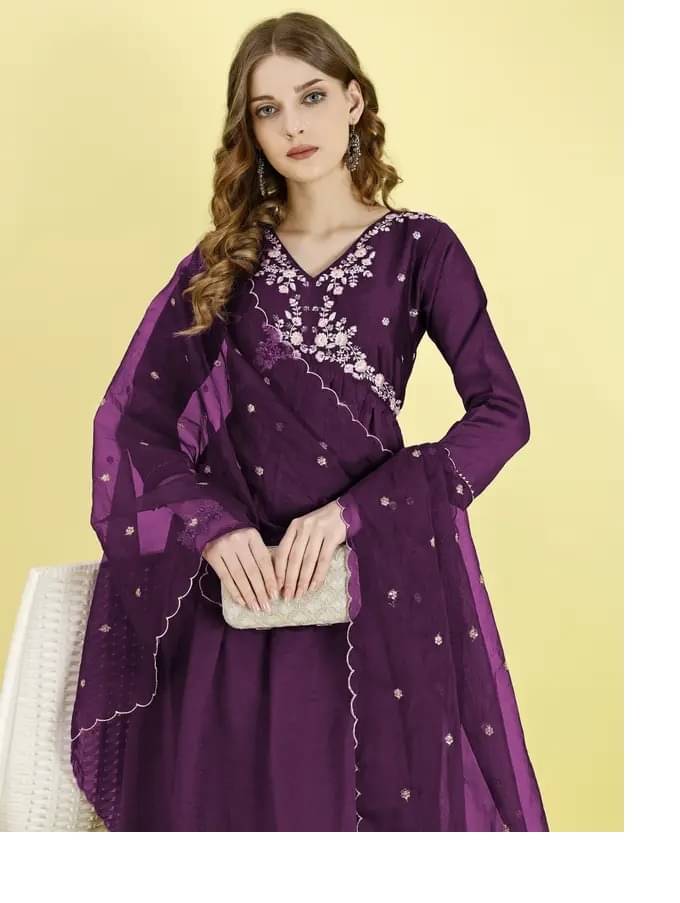 BATAKU Women Silk Embroidered Nayra Kurti With Pants ( Wine ) BATAKU Women Silk Embroidered Nayra Kurti With Pants ( Wine )