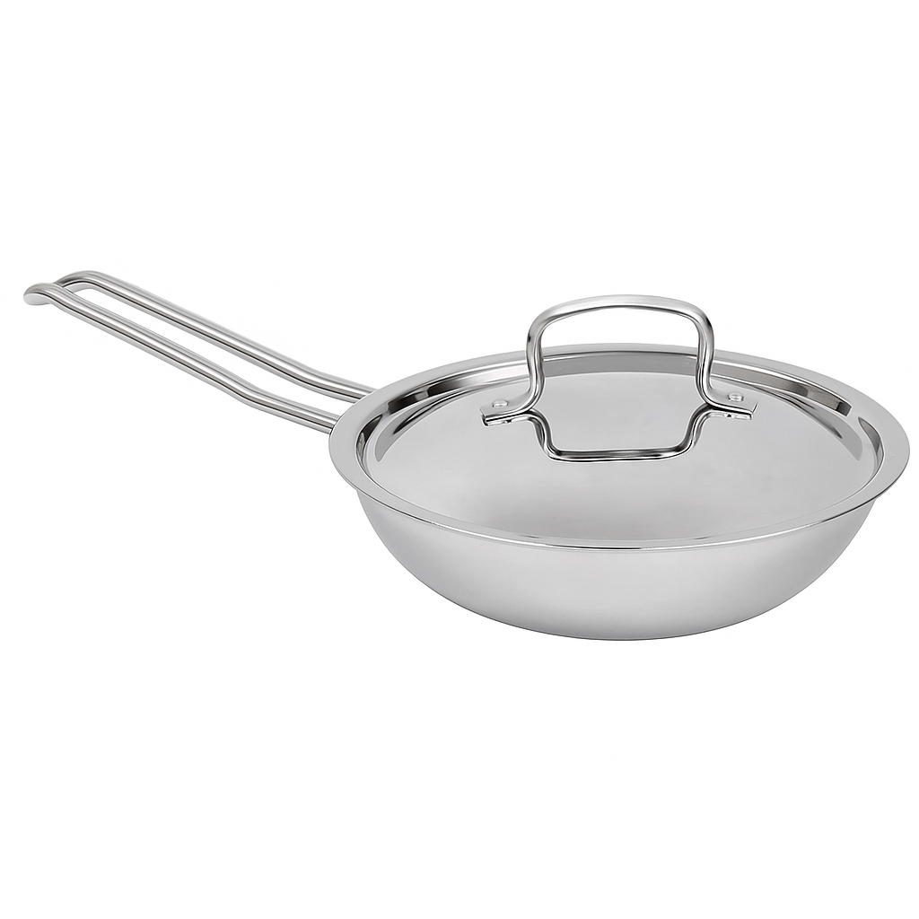     			Dynore Fry Pan Triply Stainless Steel Fry Pan Induction Bottom with Steel Lid 22 cm Diameter 1.4 Ltr