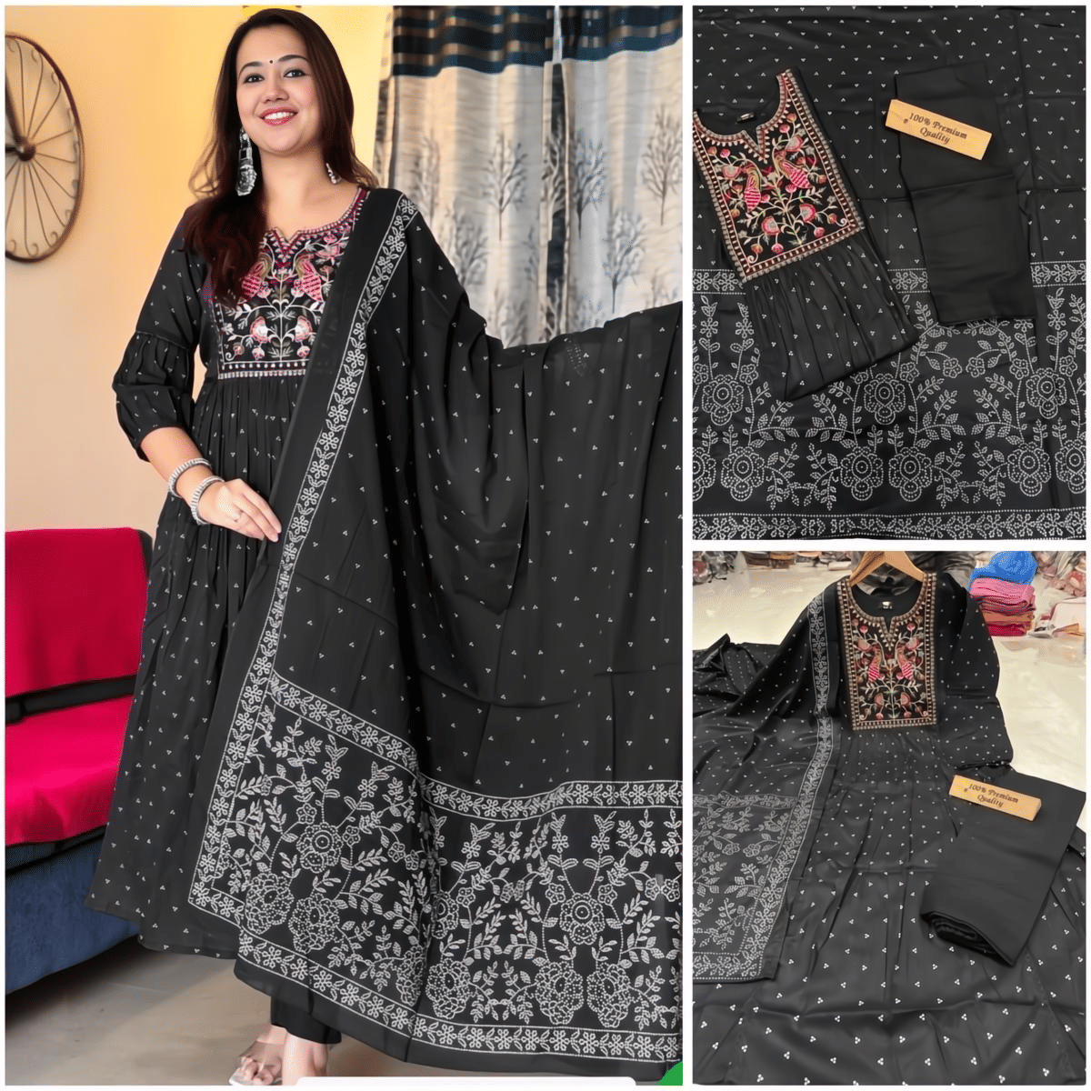     			Ethnic 3 U Women Rayon Printed A-line Kurti With Pants ( Black )