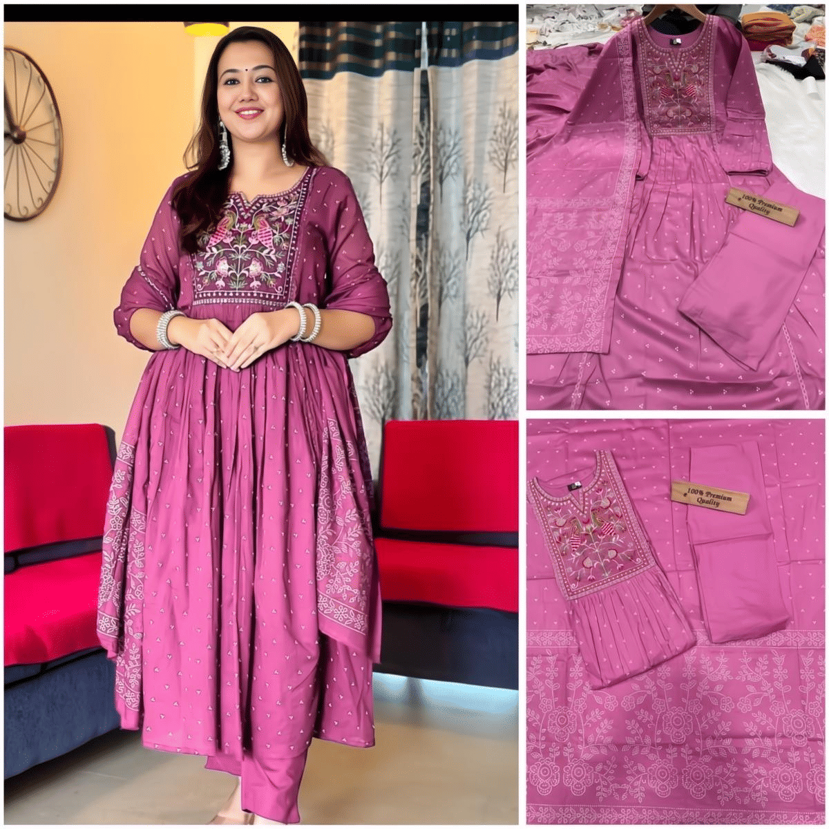     			Ethnic 3 U Women Rayon Printed A-line Kurti With Pants ( Fluorescent Pink )