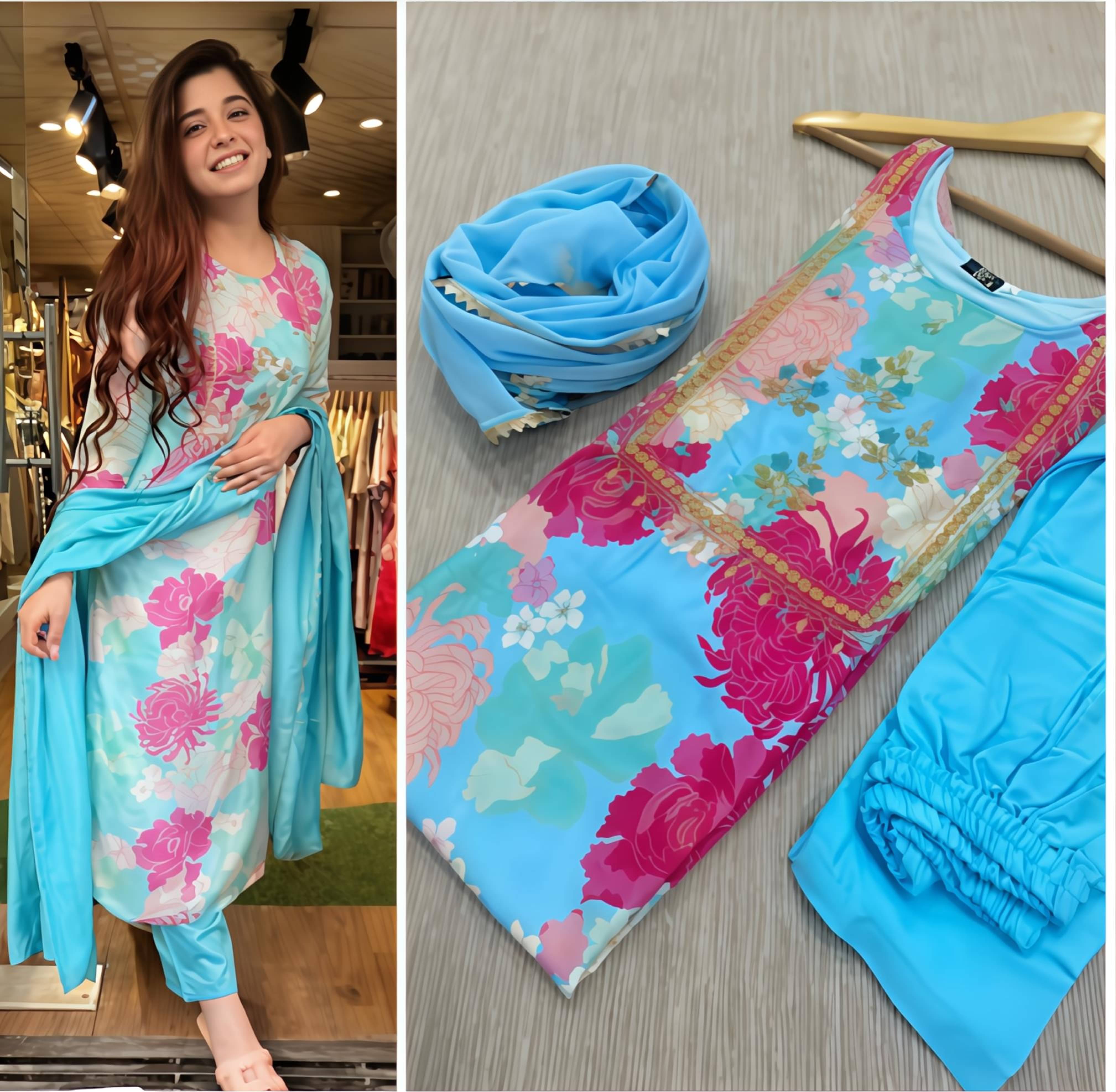    			Ethnic 3 U Women Rayon Printed A-line Kurti With Pants ( Aqua Blue )