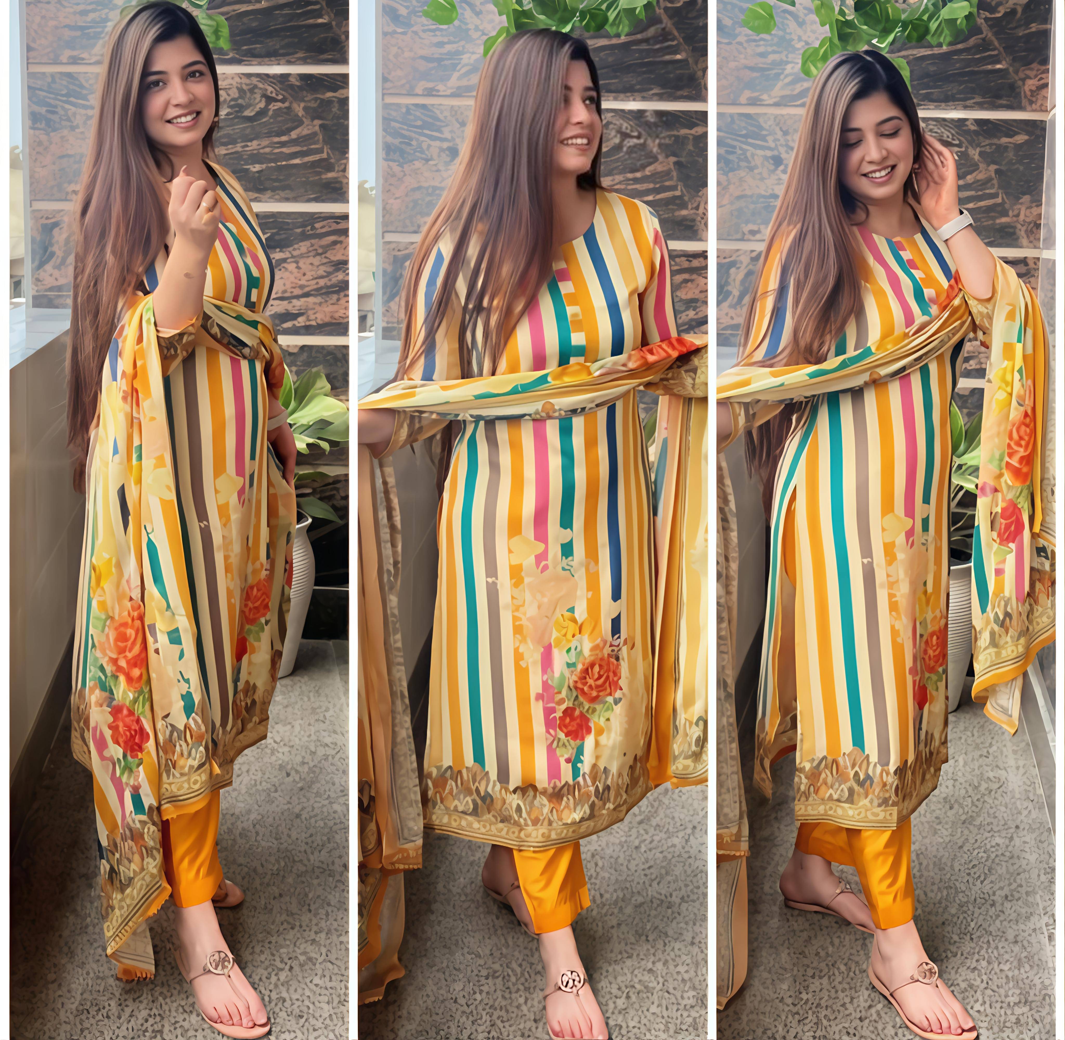     			Ethnic 3 U Women Rayon Striped A-line Kurti With Pants ( Multicolor )