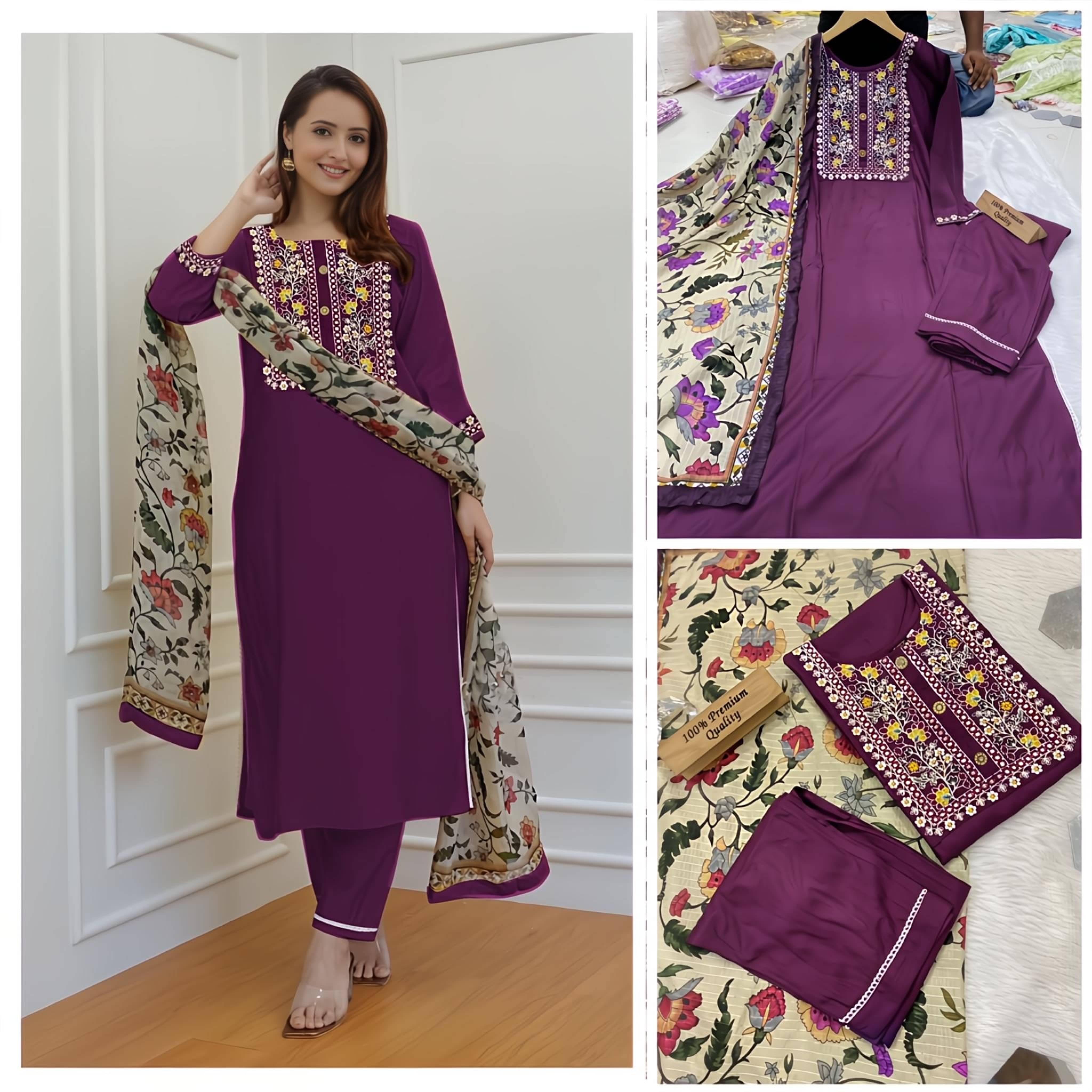     			Ethnic 3 U Women Rayon Printed A-line Kurti With Pants ( Purple )