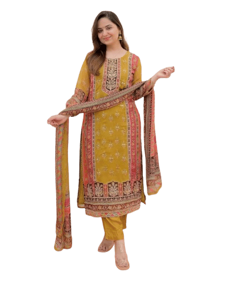     			Ethnic 3 U Women Viscose Printed A-line Kurti With Pants ( Yellow )