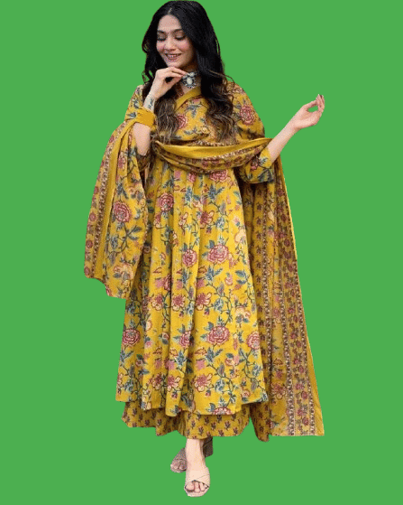     			Ethnic 3 U Women Viscose Printed A-line Kurti With Pants ( Yellow )