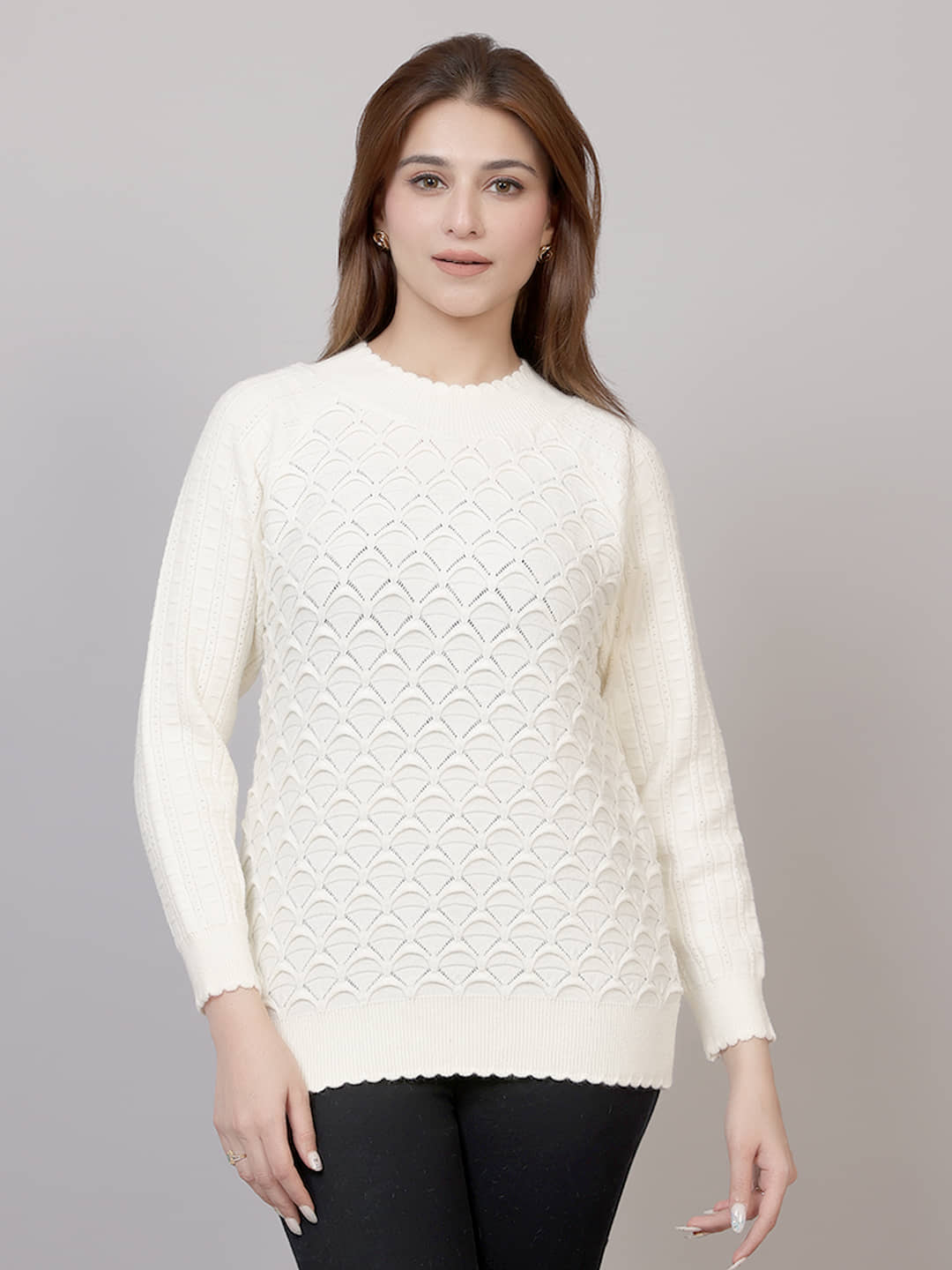 FEVERFEW Women Woollen Round Neck Pullover ( White )