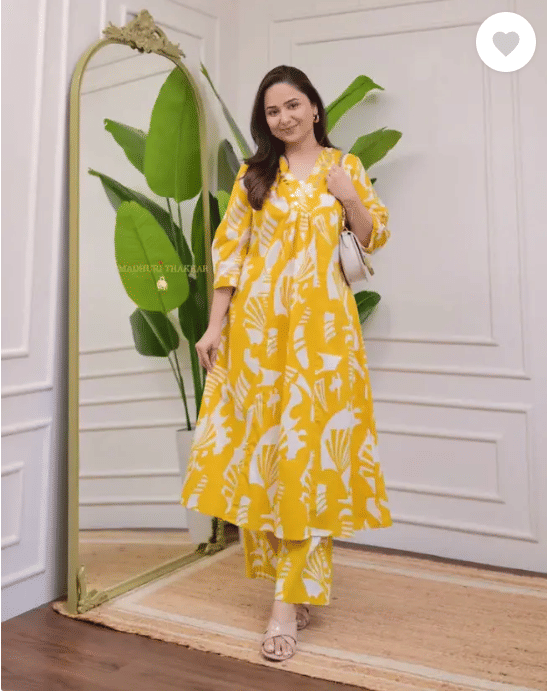    			HF WARD Women Cotton Printed A-line Kurti With Pants ( Mustard )