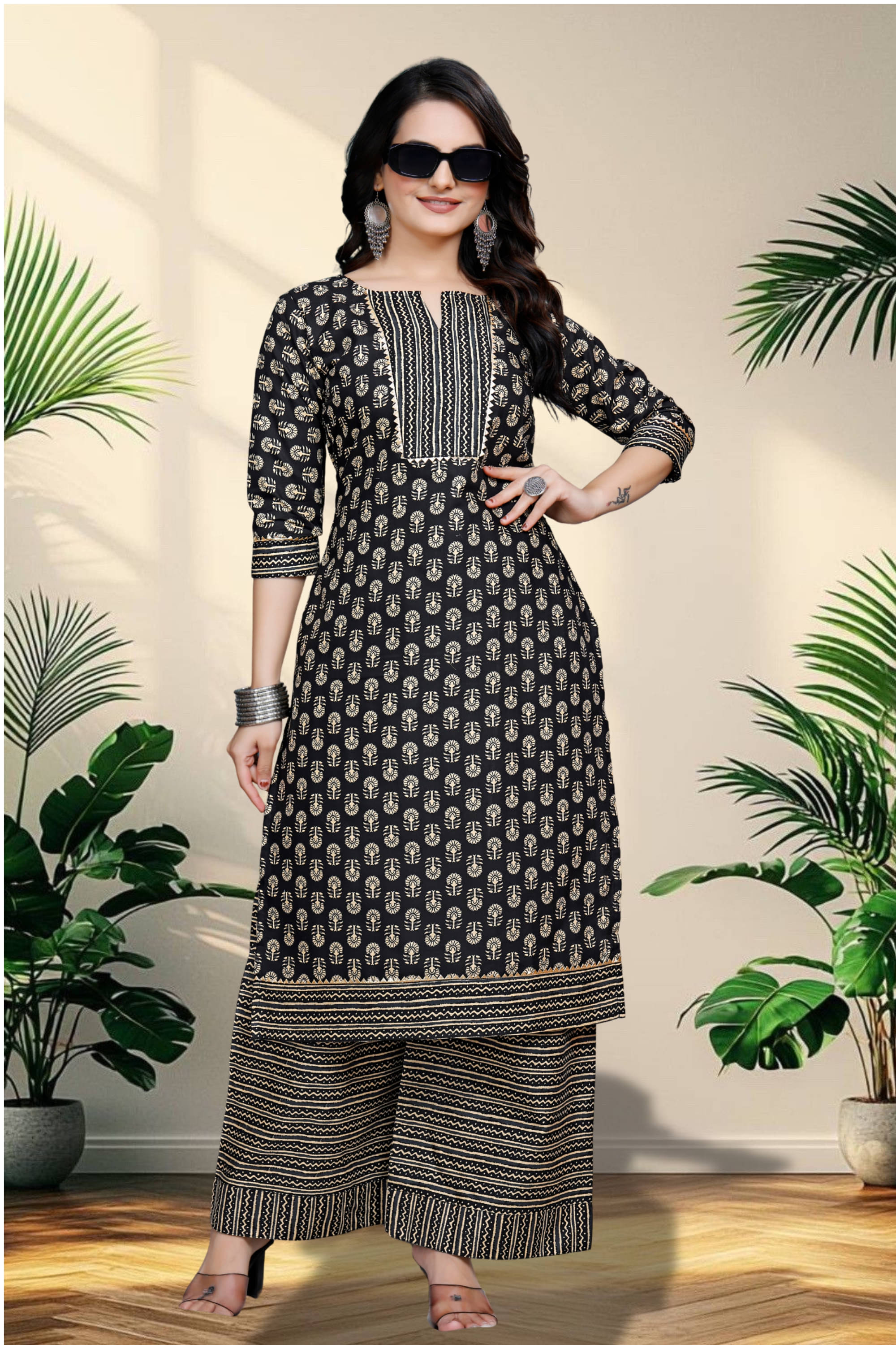     			Hemang Fashion Women Cotton Printed A-line Kurti With Sharara And Gharara ( Black )