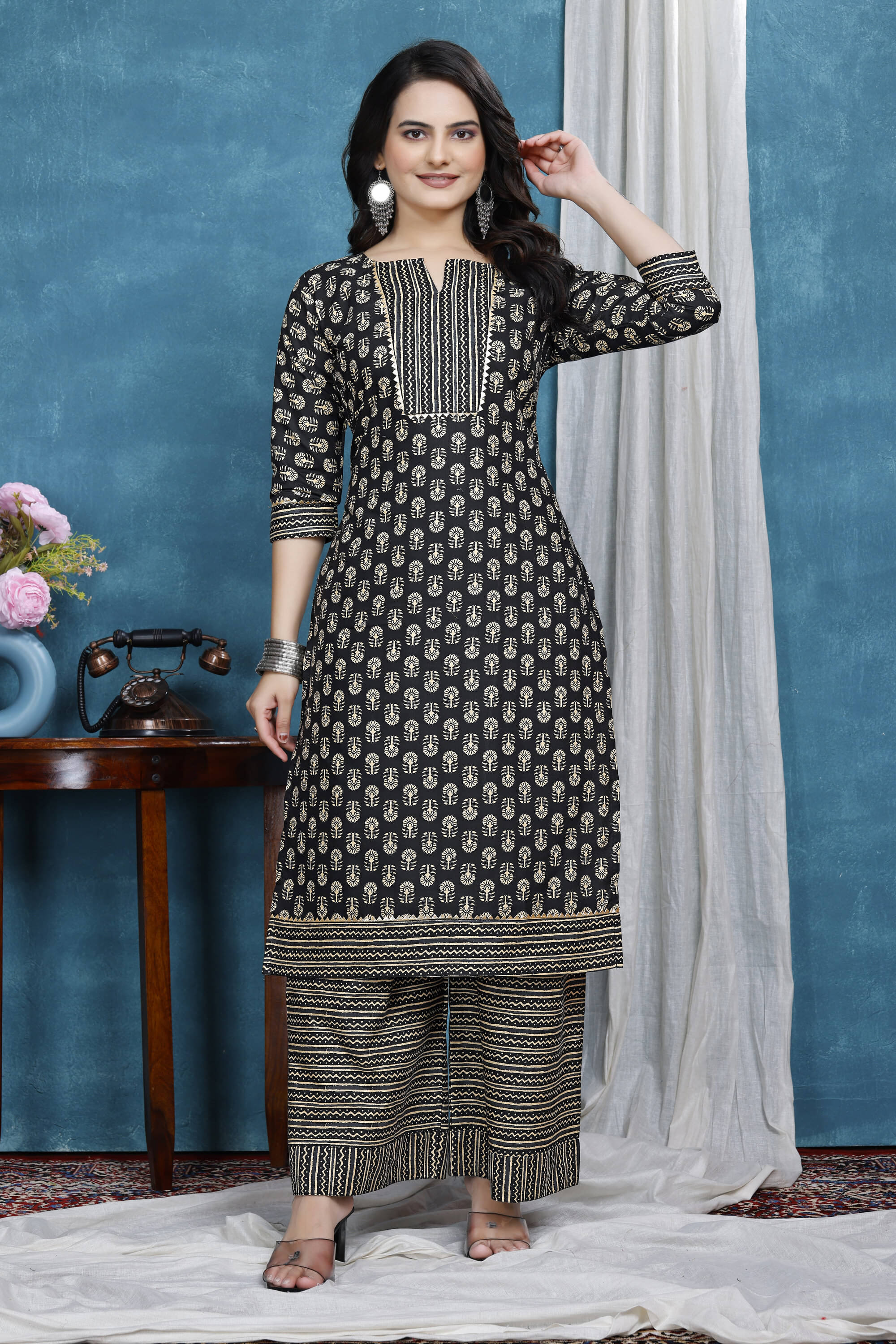    			Hemang Fashion Women Cotton Printed A-line Kurti With Sharara And Gharara ( Black )