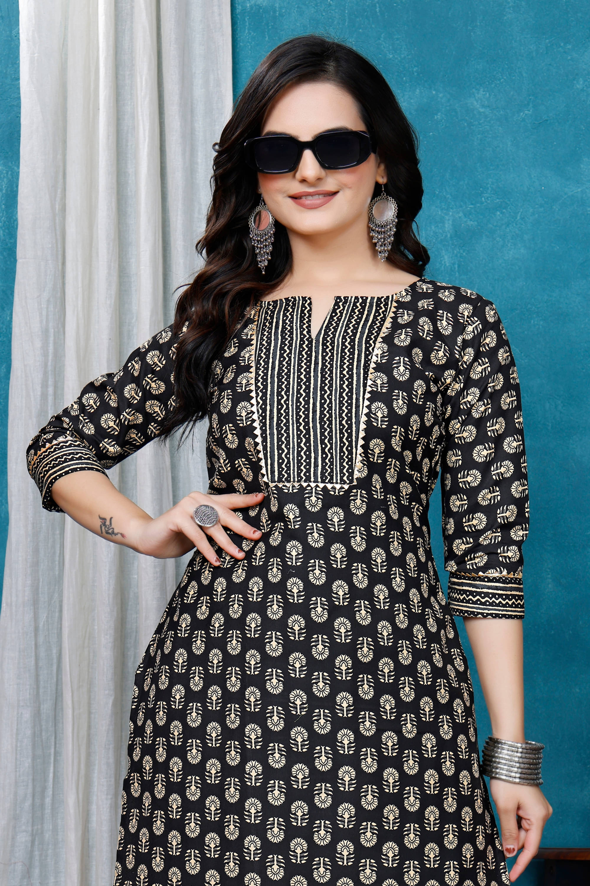     			Hemang Fashion Women Cotton Printed A-line Kurti With Sharara And Gharara ( Black )