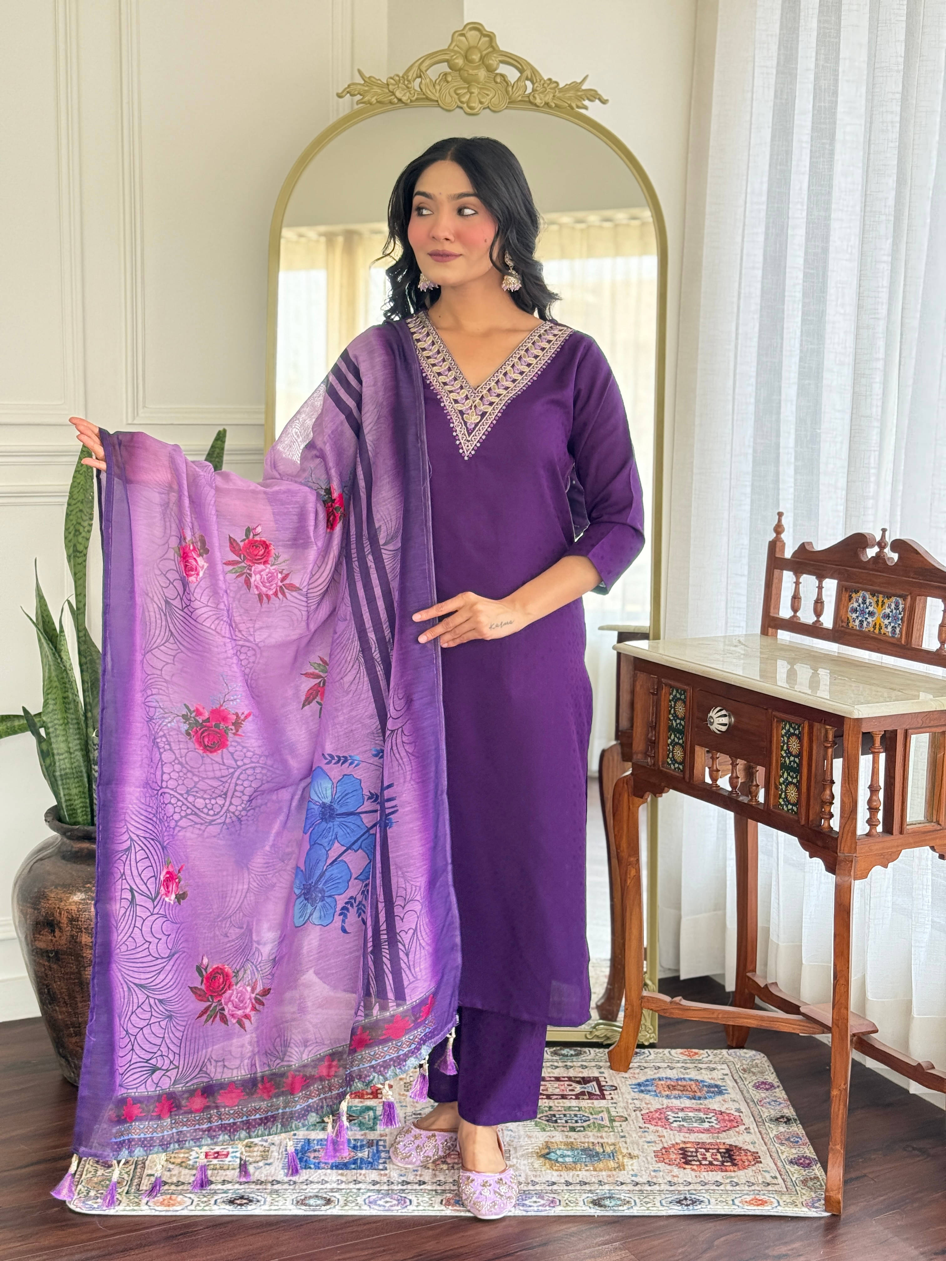     			INDIAN SILKS Women Rayon Printed Straight Kurti With Pants ( Purple )
