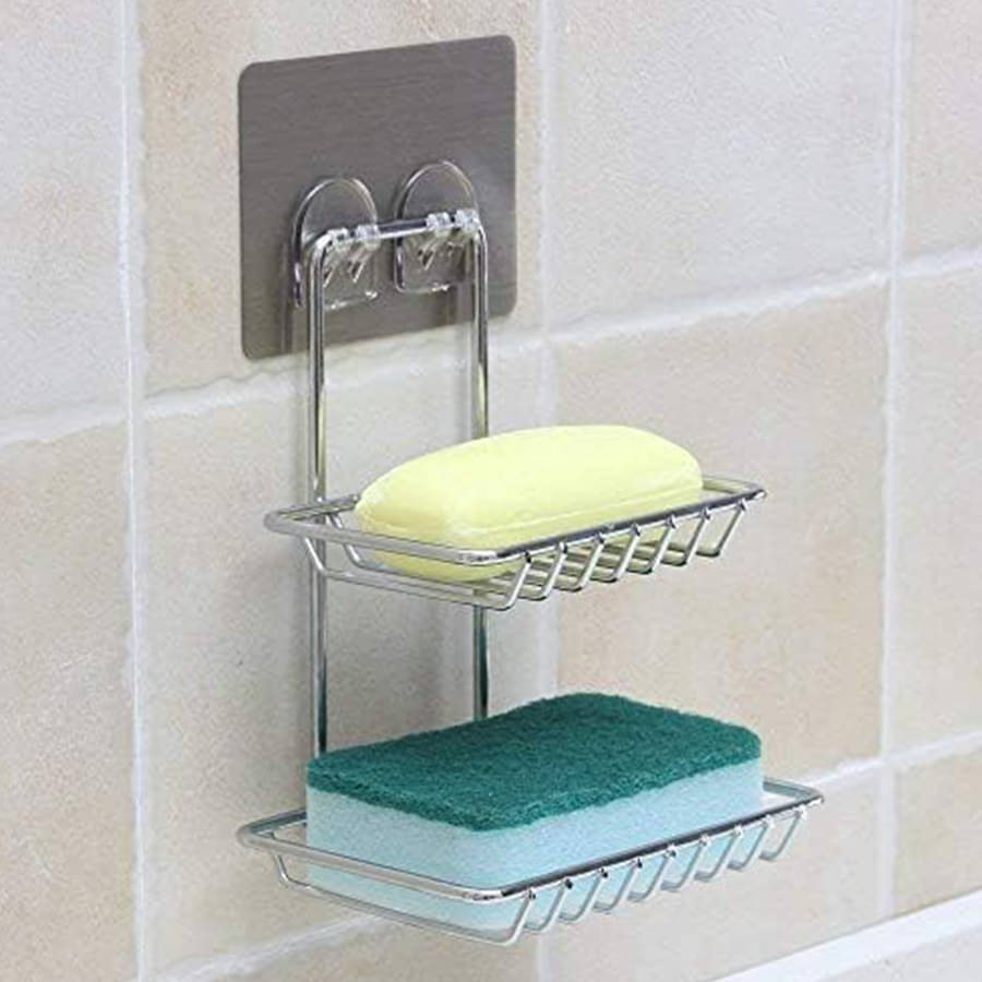    			KING Wall Mounted Double Layer soap Dish Holder & Dispensers, Self-Adhesive Stainless Steel Waterproof Kitchen Bathroom Soaps Storage Rack with 2 Hook for Home