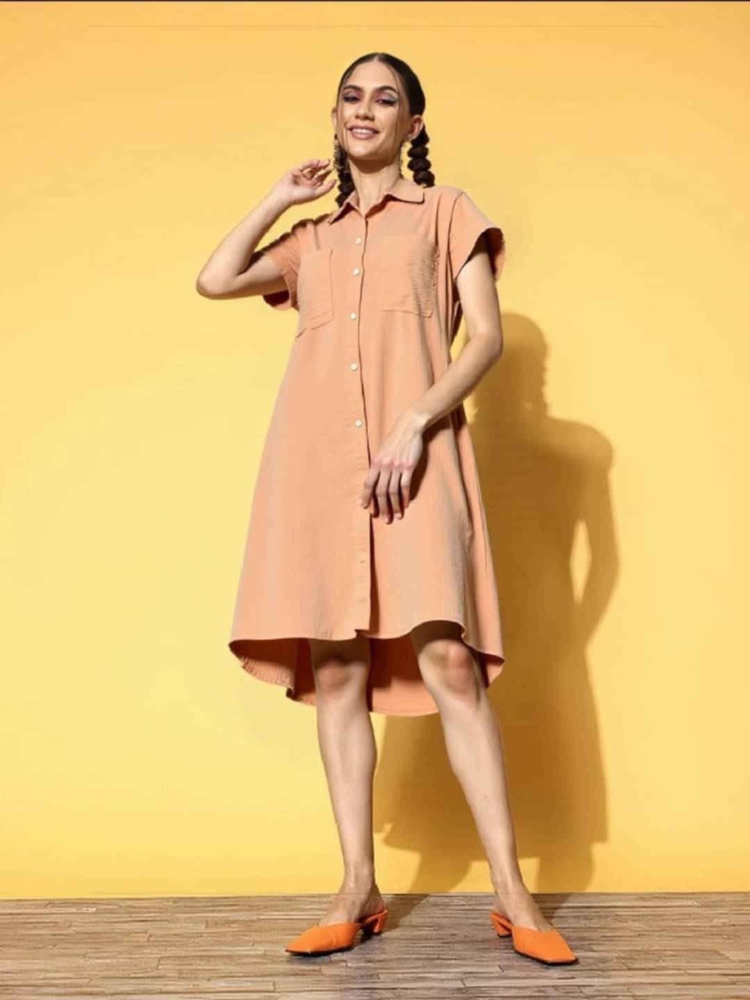MAYKR Women Cotton Blend Solid Shirt Dress ( Peach )     			MAYKR Women Cotton Blend Solid Shirt Dress ( Peach )