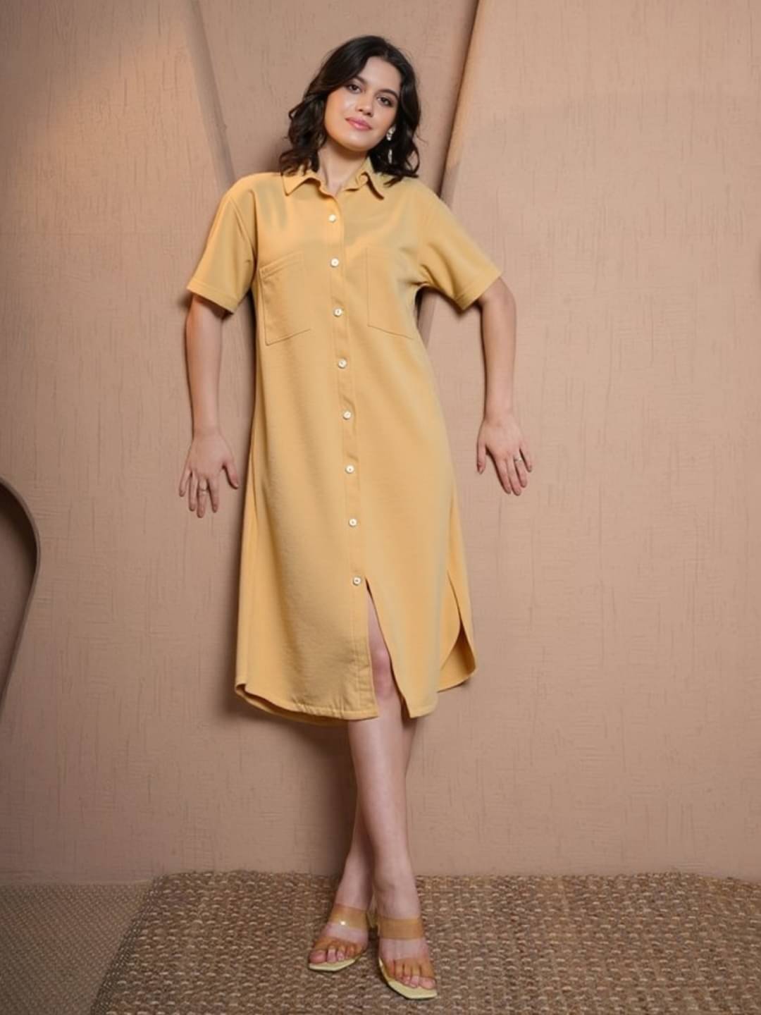 MAYKR Women Cotton Blend Solid Shirt Dress ( Peach ) MAYKR Women Cotton Blend Solid Shirt Dress ( Peach )