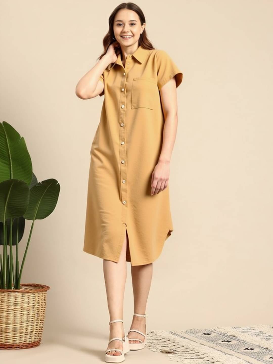 MAYKR Women Cotton Blend Solid Shirt Dress ( Peach )     			MAYKR Women Cotton Blend Solid Shirt Dress ( Peach )