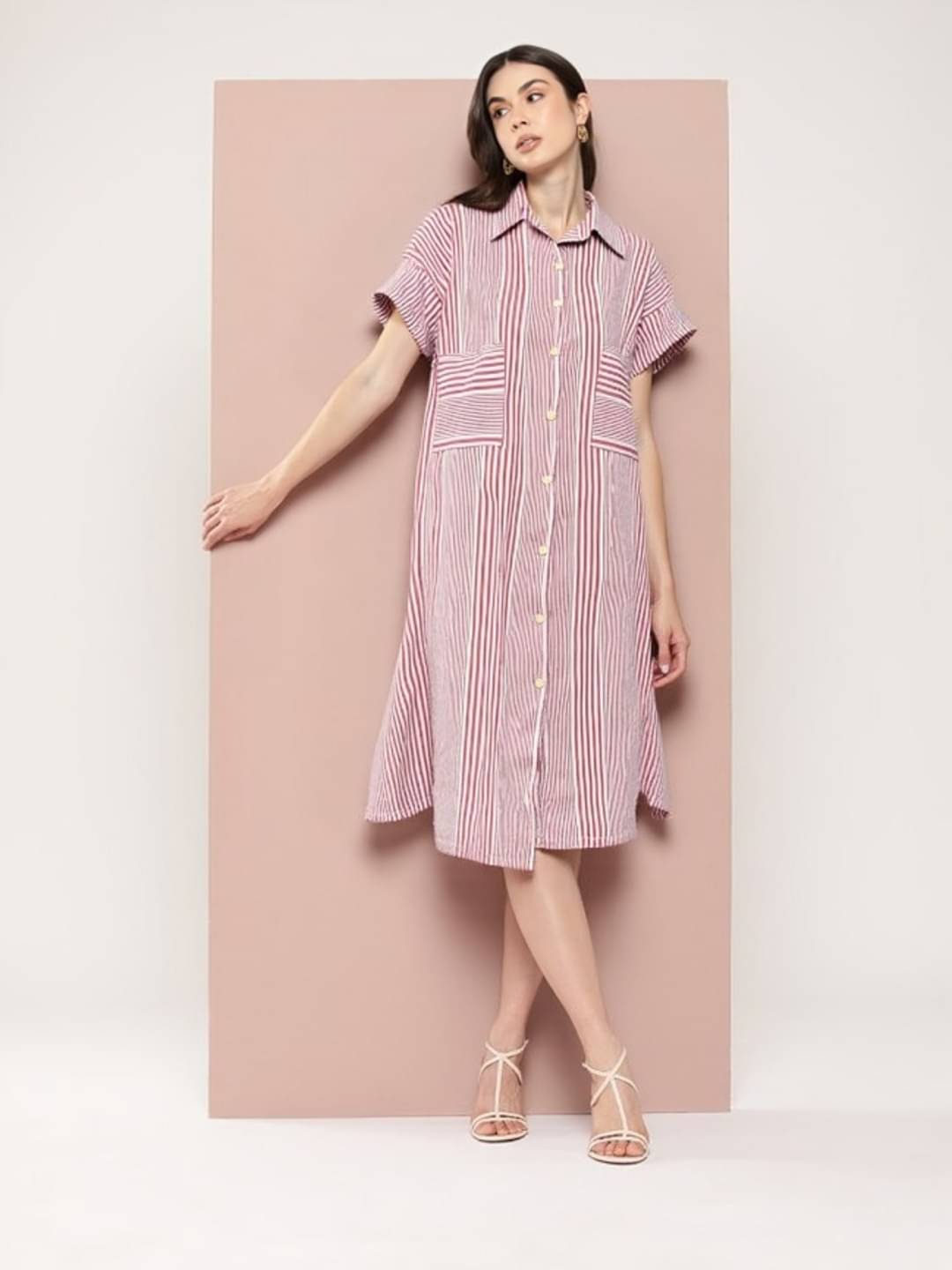     			MAYKR Women Cotton Blend Striped Shirt Dress ( Pink )