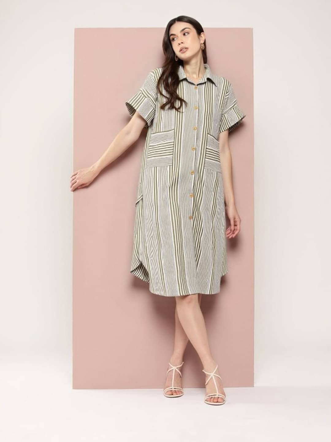     			MAYKR Women Cotton Blend Striped Shirt Dress ( Grey )