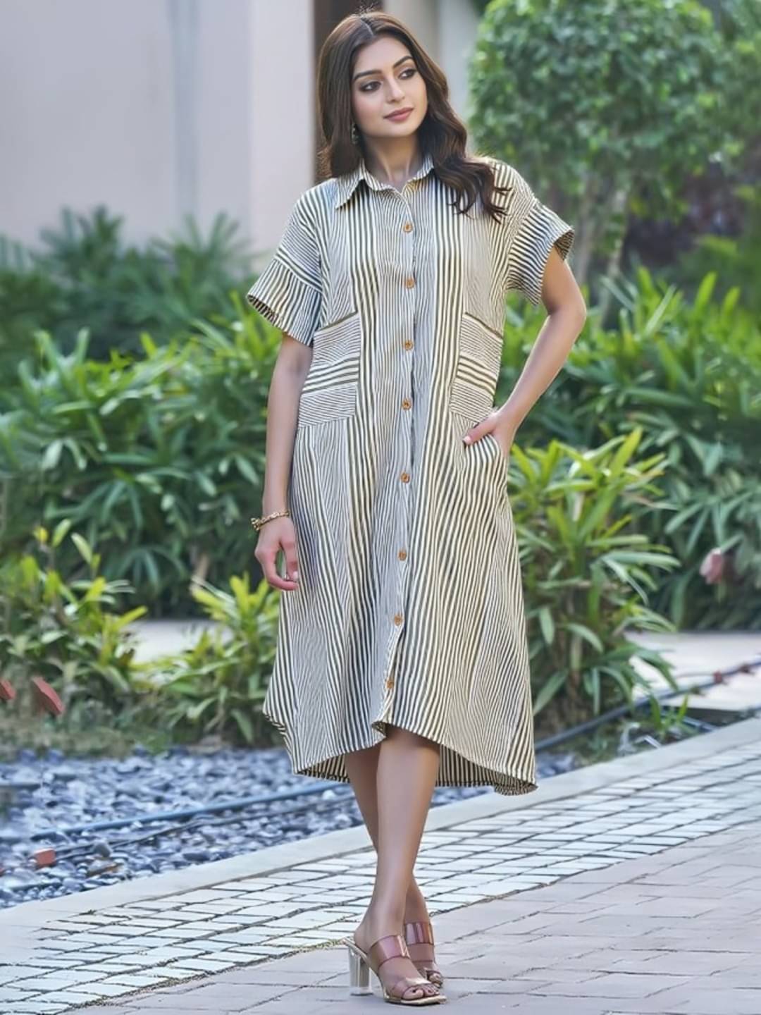     			MAYKR Women Cotton Blend Striped Shirt Dress ( Grey )