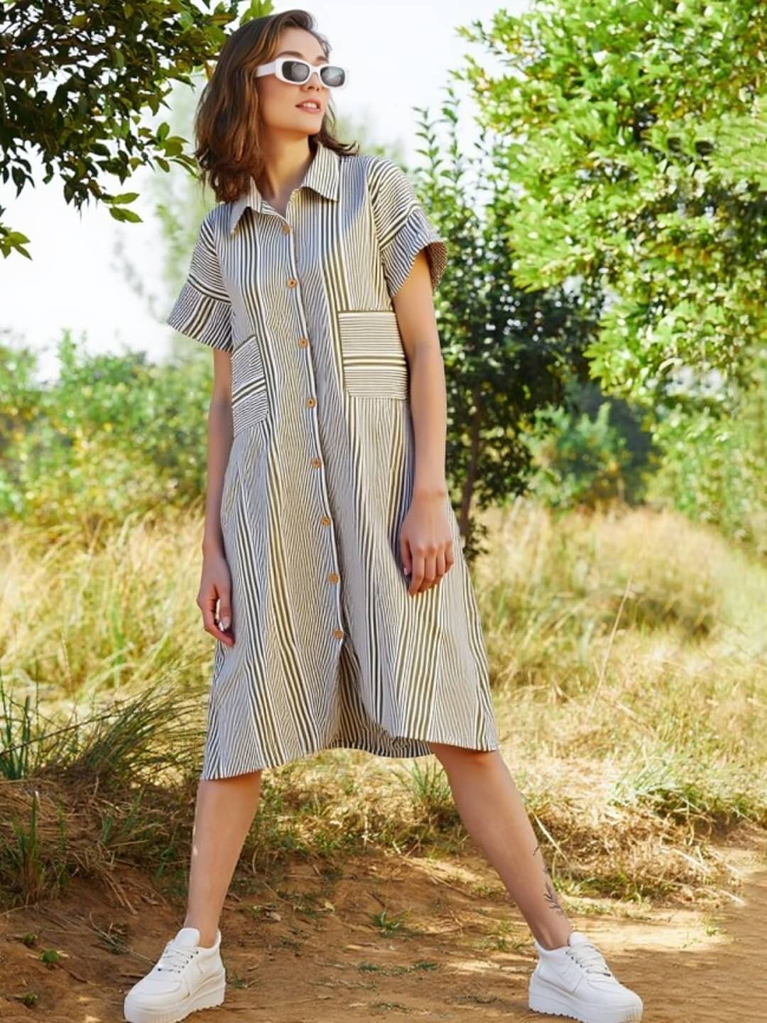     			MAYKR Women Cotton Blend Striped Shirt Dress ( Grey )