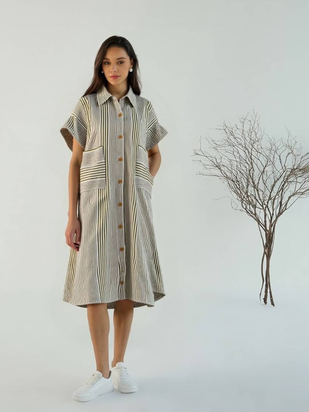     			MAYKR Women Cotton Blend Striped Shirt Dress ( Grey )