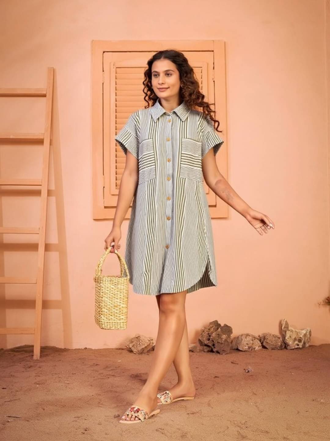     			MAYKR Women Cotton Blend Striped Shirt Dress ( Grey )