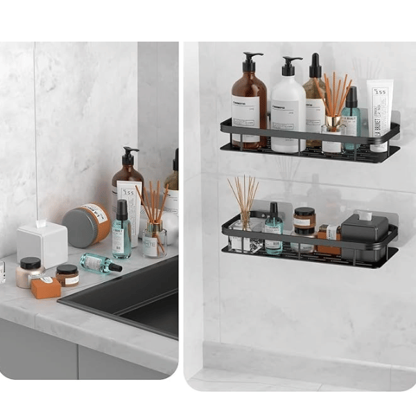     			(Pack of 2) Carbon Steel Shelf for Wall | Self-Adhesive Aluminium Bathroom Corner Shelf Rack Bathroom Corner Organizer Stand Bathroom Organisers Storage Racks Bathroom Shelf/Shelves Corner (2pcs, black)
