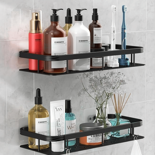    			(Pack of 2) Carbon Steel Shelf for Wall | Self-Adhesive Aluminium Bathroom Corner Shelf Rack Bathroom Corner Organizer Stand Bathroom Organisers Storage Racks Bathroom Shelf/Shelves Corner (2pcs, black)