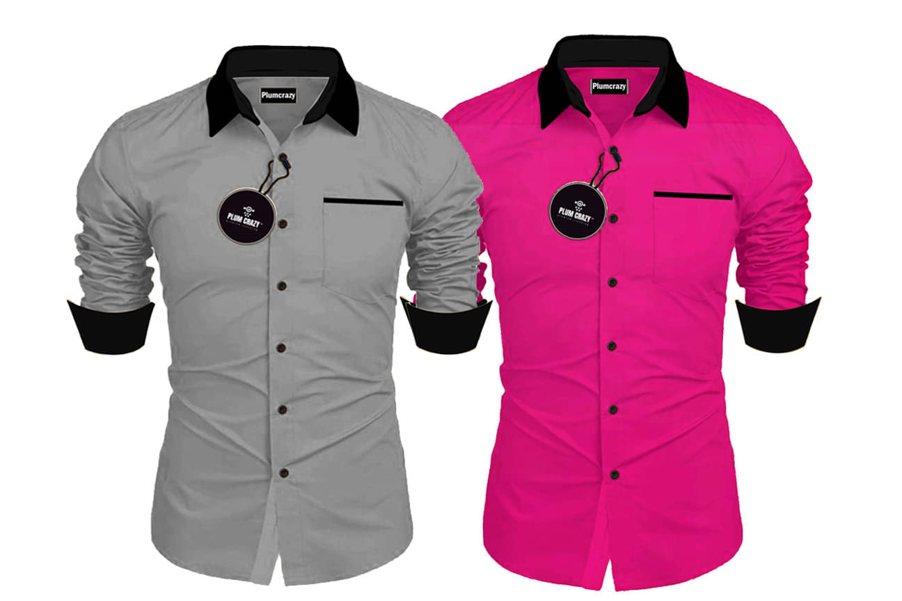     			Plumcrazy Cotton Blend Regular Fit Solids Full Sleeves Men's Casual Shirt - Pink ( Pack of 2 )