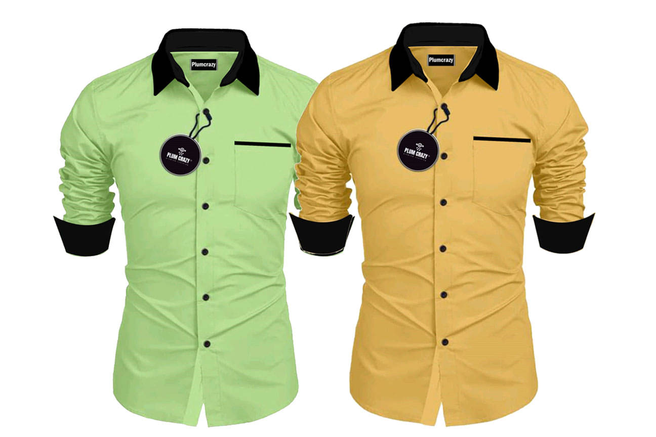     			Plumcrazy Cotton Blend Regular Fit Solids Full Sleeves Men's Casual Shirt - Mustard ( Pack of 2 )