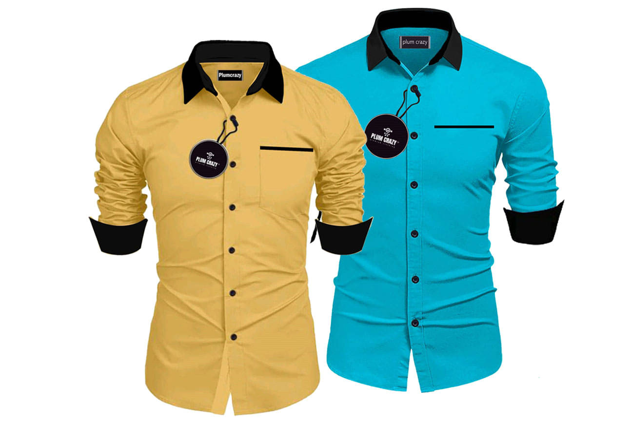     			Plumcrazy Cotton Blend Regular Fit Solids Full Sleeves Men's Casual Shirt - Multicolor ( Pack of 2 )