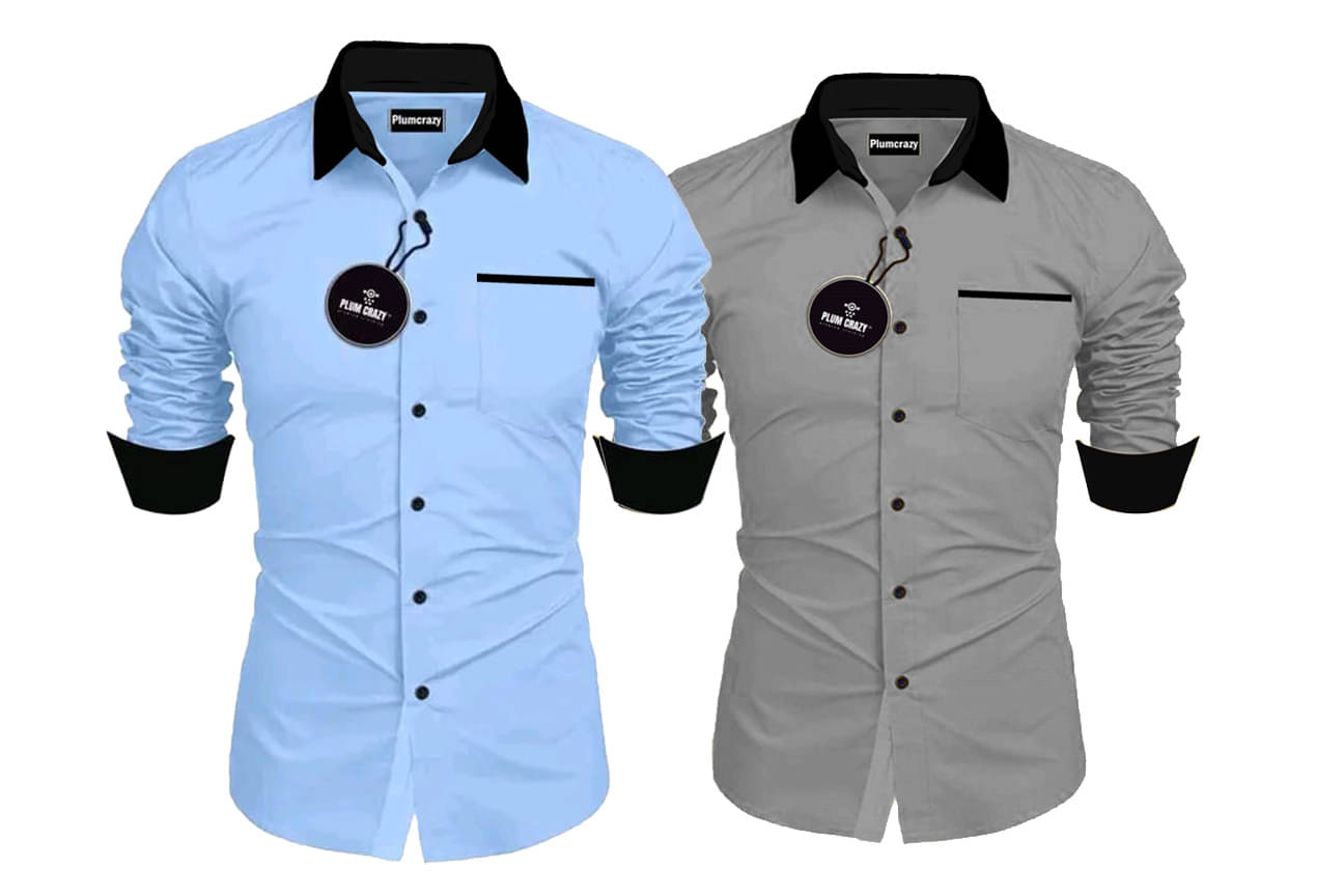     			Plumcrazy Cotton Blend Regular Fit Solids Full Sleeves Men's Casual Shirt - Grey ( Pack of 2 )
