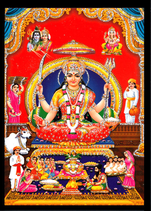 SANTOSHI MATA Sparkled Laminated Photo 5 (Width) x 7 (Length) inch on Wooden Base With Back Support Mount     			SANTOSHI MATA Sparkled Laminated Photo 5 (Width) x 7 (Length) inch on Wooden Base With Back Support Mount