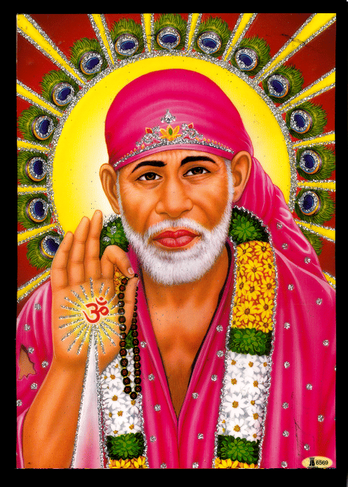     			SHIRDI SAI BABA Sparkled Laminated Photo 5 (Width) x 7 (Length) inch on Wooden Base With Back Support Mount