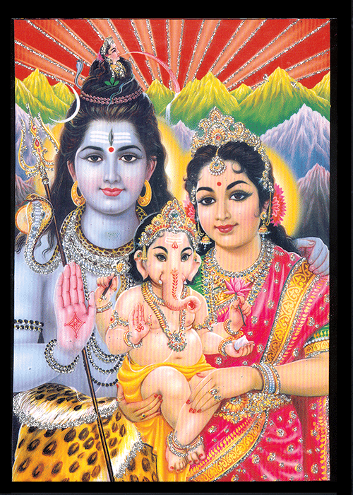     			SHIVA PARIWAR SHIVA PARVATI GANESHA Sparkled Laminated Photo 5 (Width) x 7 (Length) inch on Wooden Base With Back Support Mount