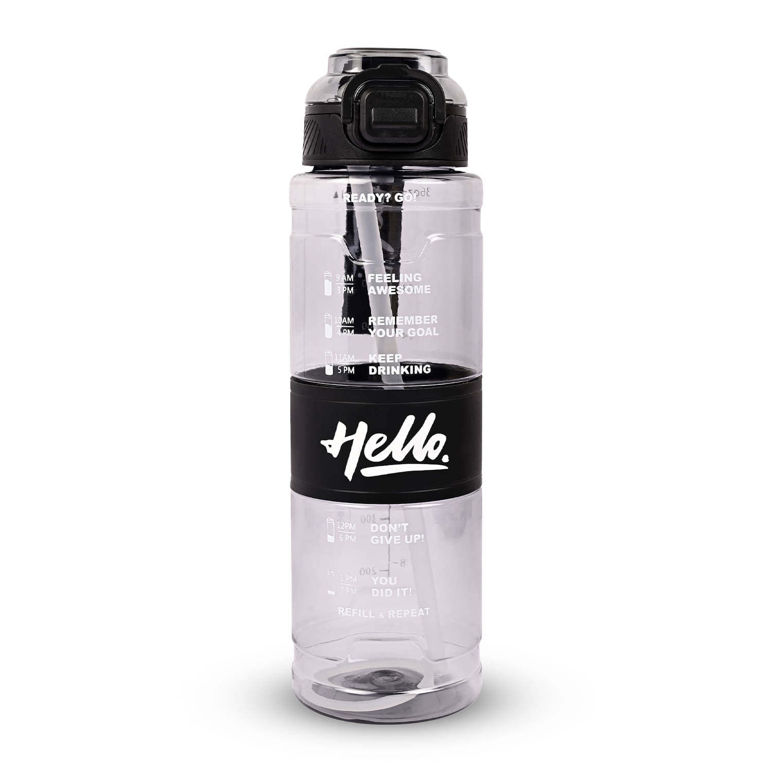     			Sageware Hello Printed 1000ml Water Bottle for Gym Office Black Plastic Sipper Water Bottle 1000 mL ( Set of 1 )
